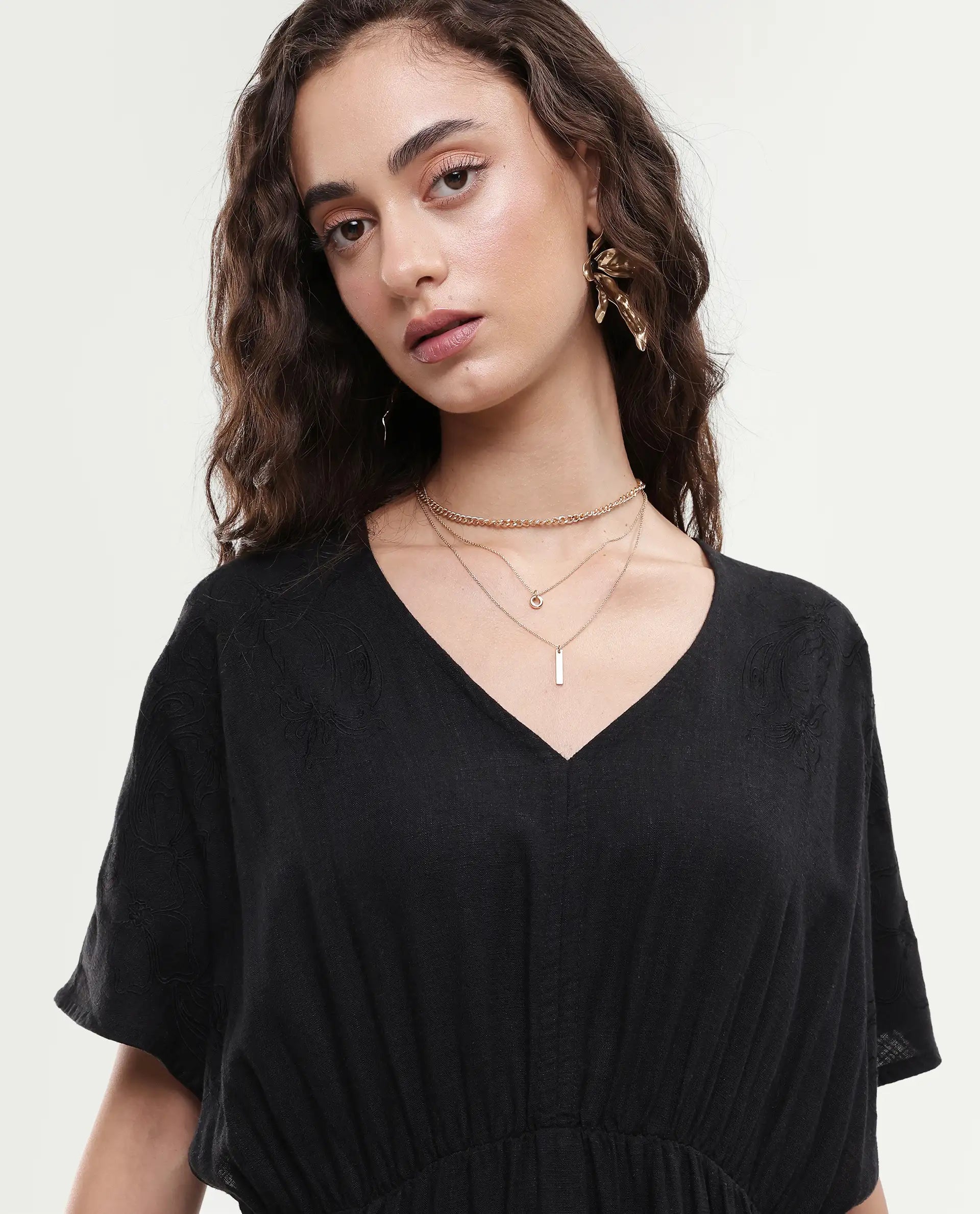 Rareism Women's Flynn Light Black Linen Blend V-Neck Plain Extended Sleeves Maxi Fit And Flare Dress