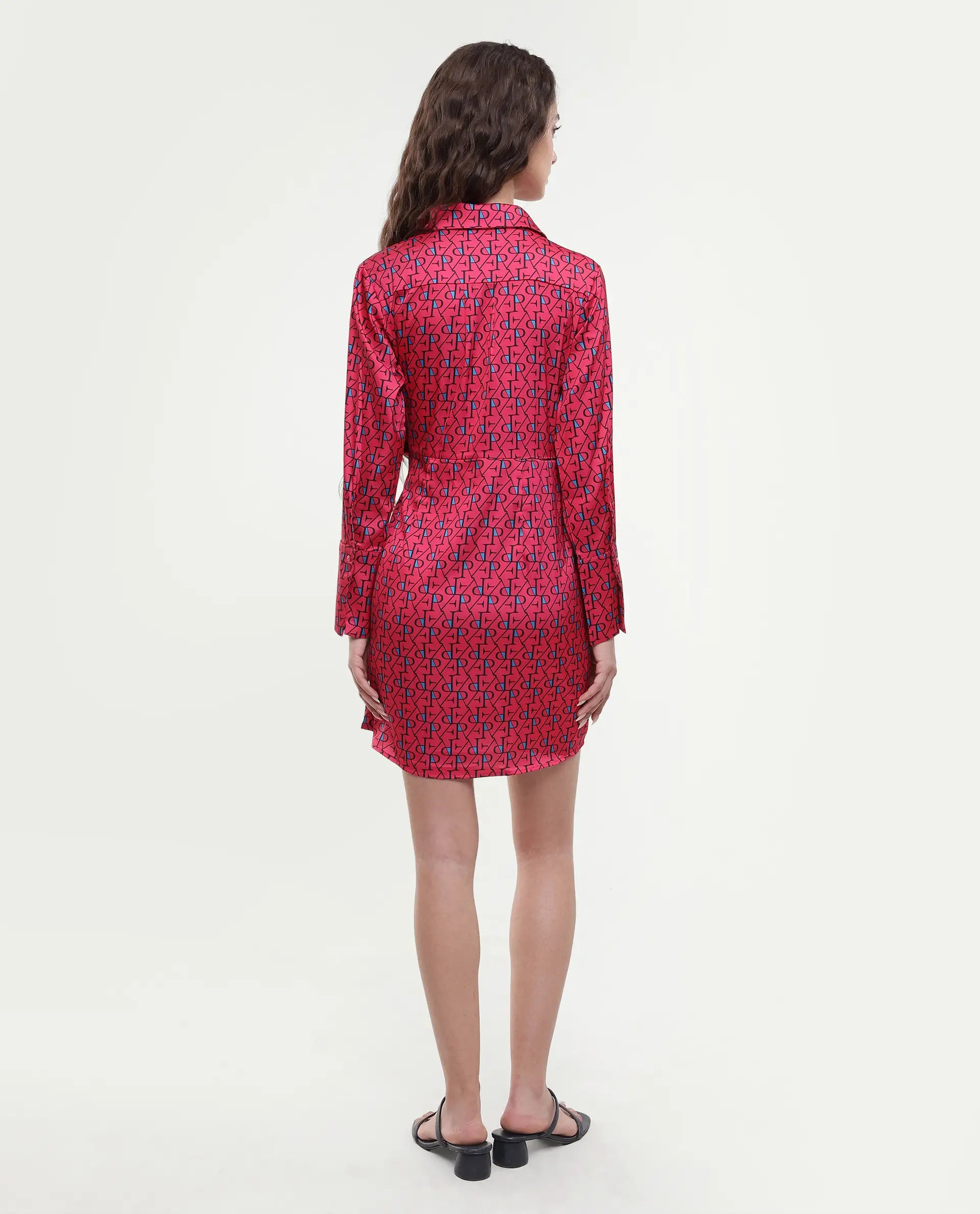 Rareism Women's Gangiv Flouroscent Pink Overlap Neck Monogram Print Cuffed Sleeve Mini Wrap Dress