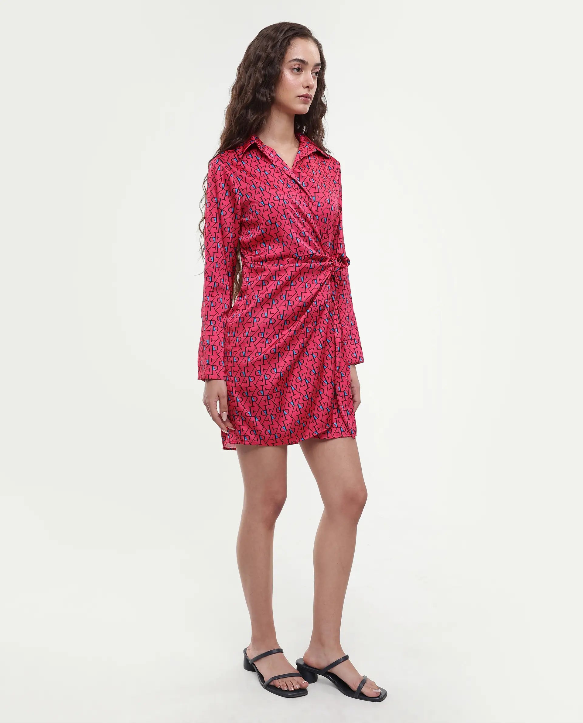 Rareism Women's Gangiv Flouroscent Pink Overlap Neck Monogram Print Cuffed Sleeve Mini Wrap Dress