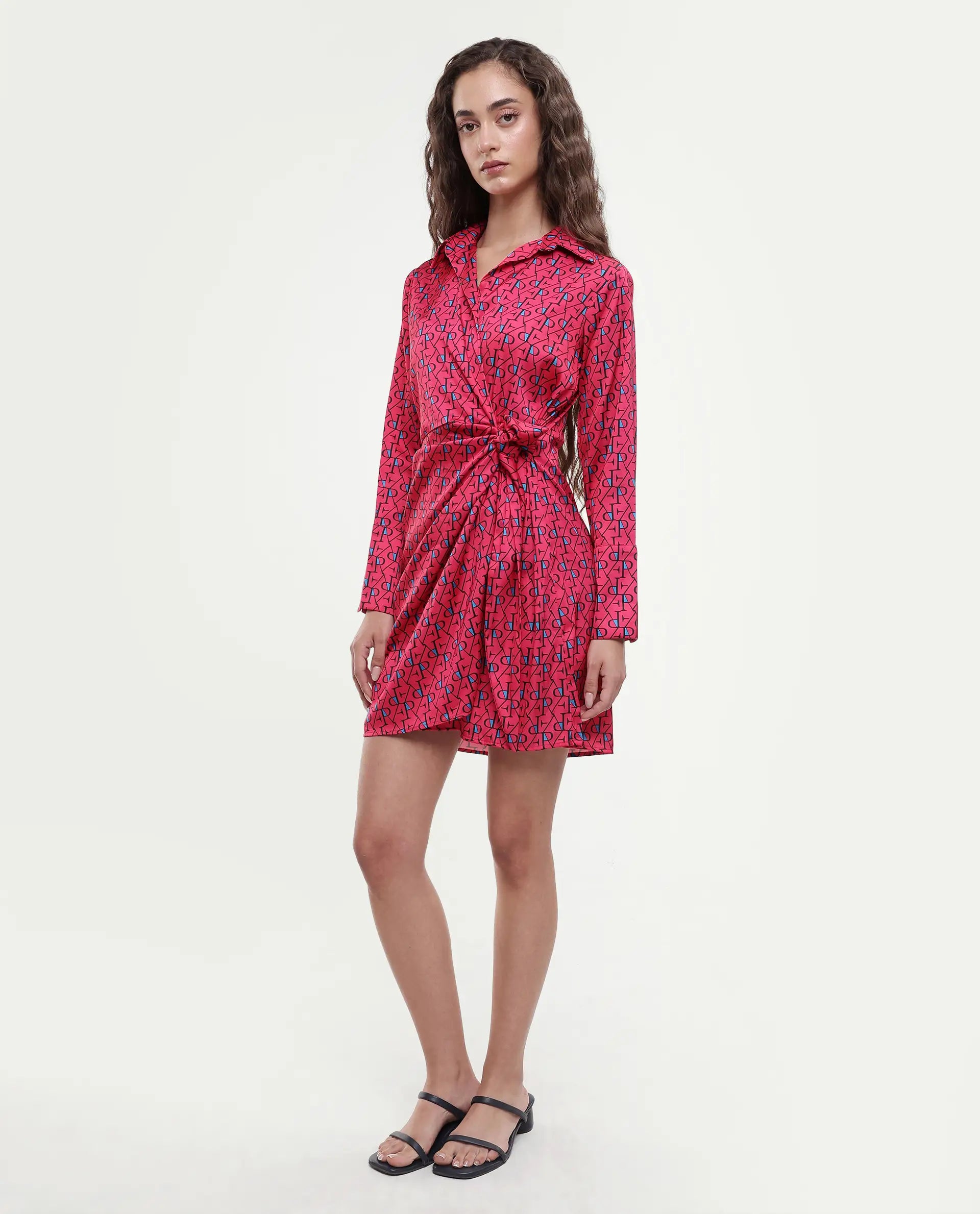 Rareism Women's Gangiv Flouroscent Pink Overlap Neck Monogram Print Cuffed Sleeve Mini Wrap Dress
