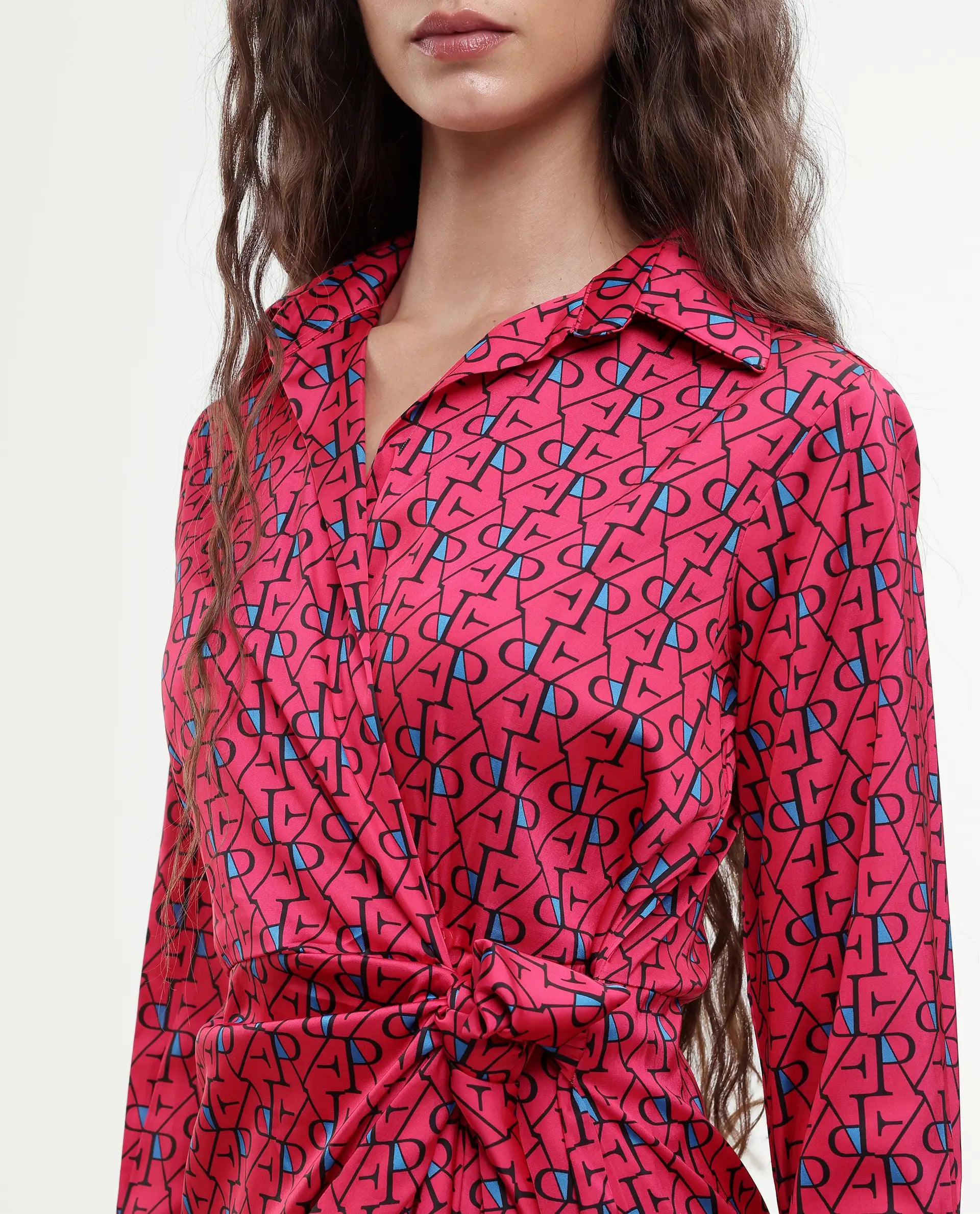 Rareism Women's Gangiv Flouroscent Pink Overlap Neck Monogram Print Cuffed Sleeve Mini Wrap Dress