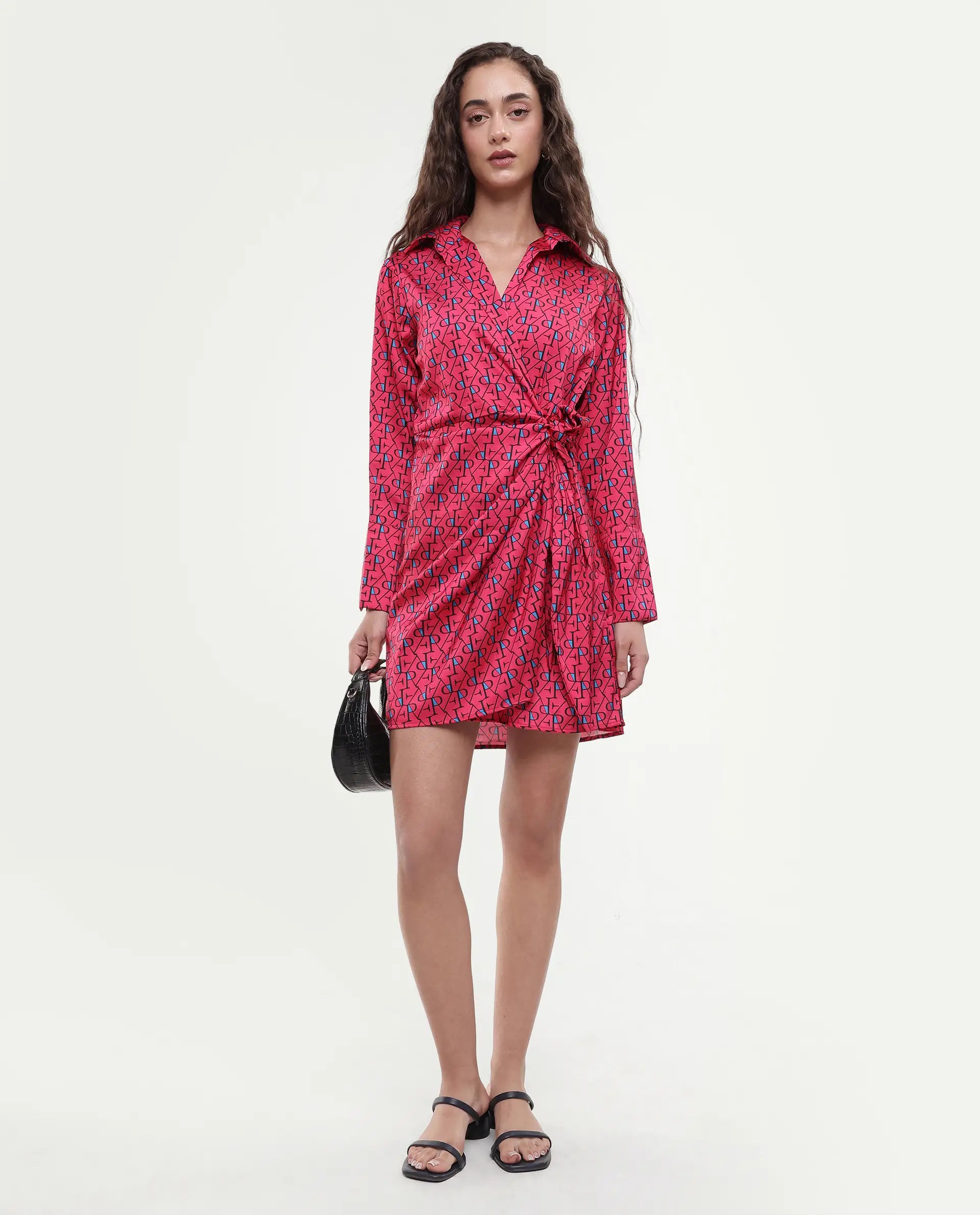 Rareism Women's Gangiv Flouroscent Pink Overlap Neck Monogram Print Cuffed Sleeve Mini Wrap Dress