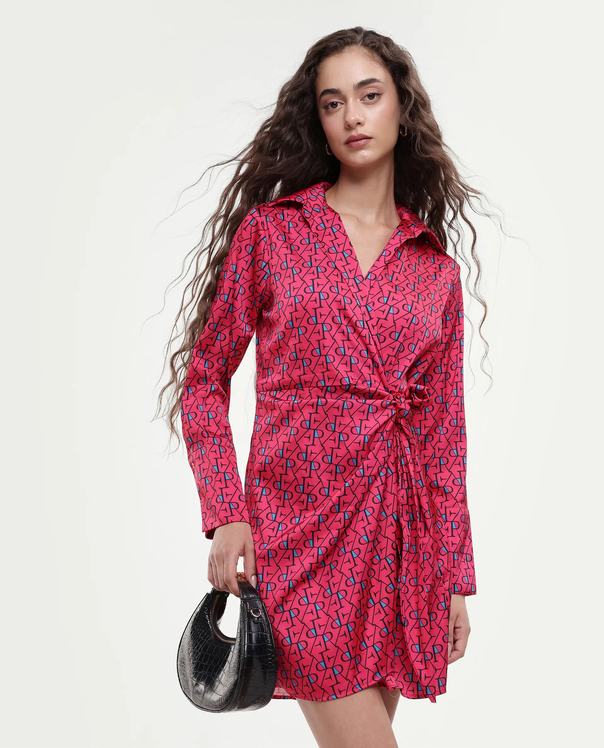 Rareism Women's Gangiv Flouroscent Pink Overlap Neck Monogram Print Cuffed Sleeve Mini Wrap Dress