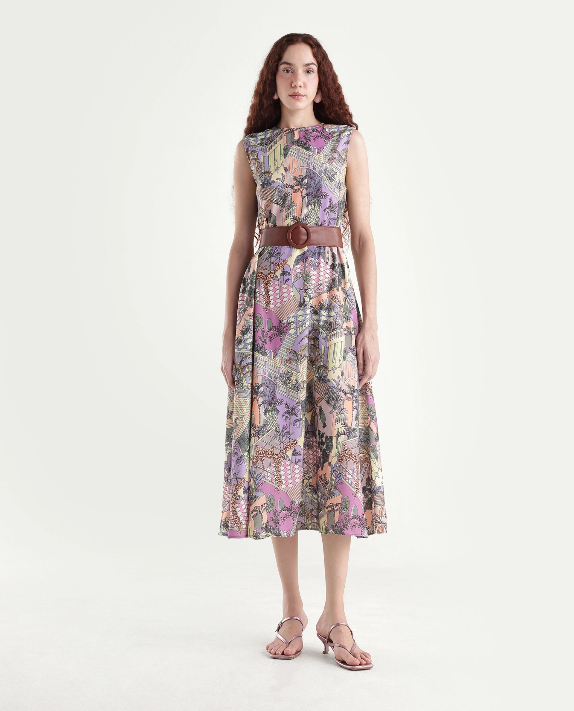 Rareism Women's Kaylee Multi Polyester Crew Neck Graphic Print Sleeveless Maxi Fit And Flare Dress