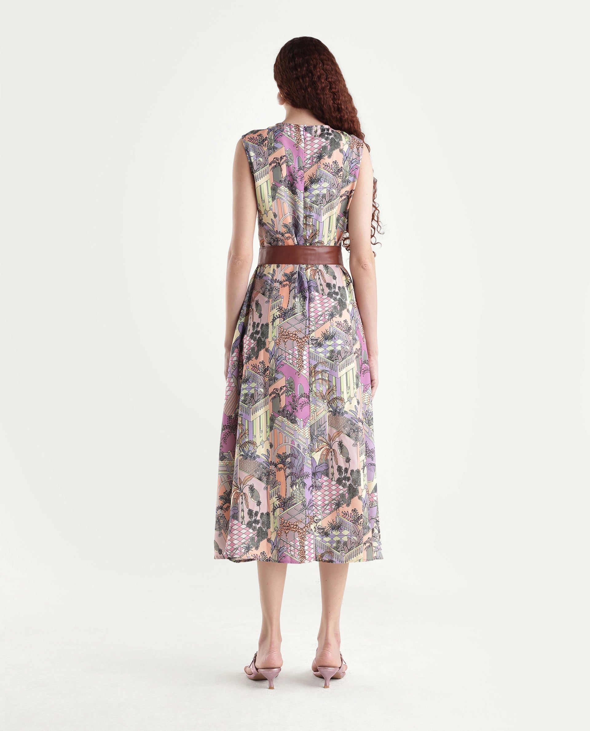 Rareism Women's Kaylee Multi Polyester Crew Neck Graphic Print Sleeveless Maxi Fit And Flare Dress