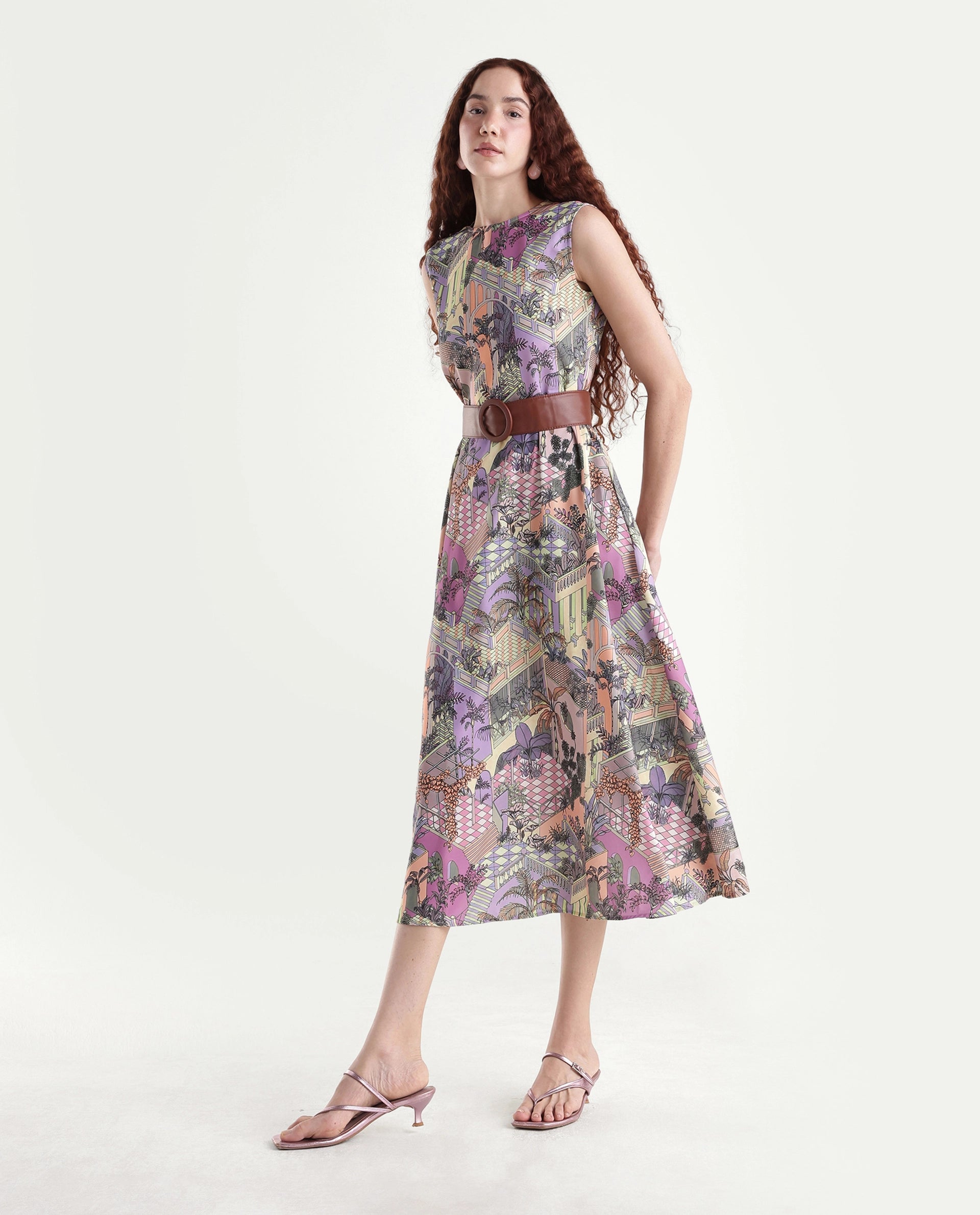 Rareism Women's Kaylee Multi Polyester Crew Neck Graphic Print Sleeveless Maxi Fit And Flare Dress