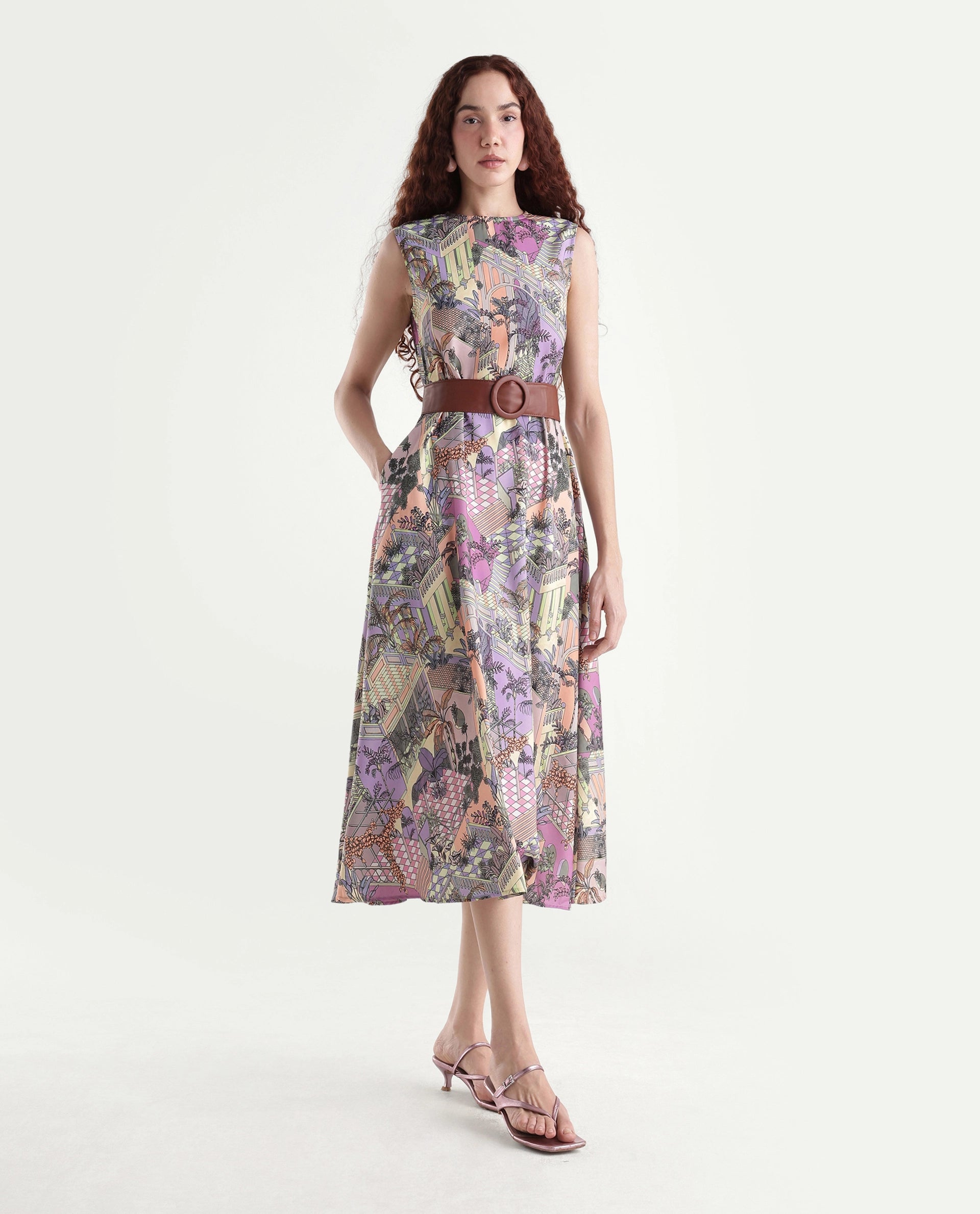 Rareism Women's Kaylee Multi Polyester Crew Neck Graphic Print Sleeveless Maxi Fit And Flare Dress