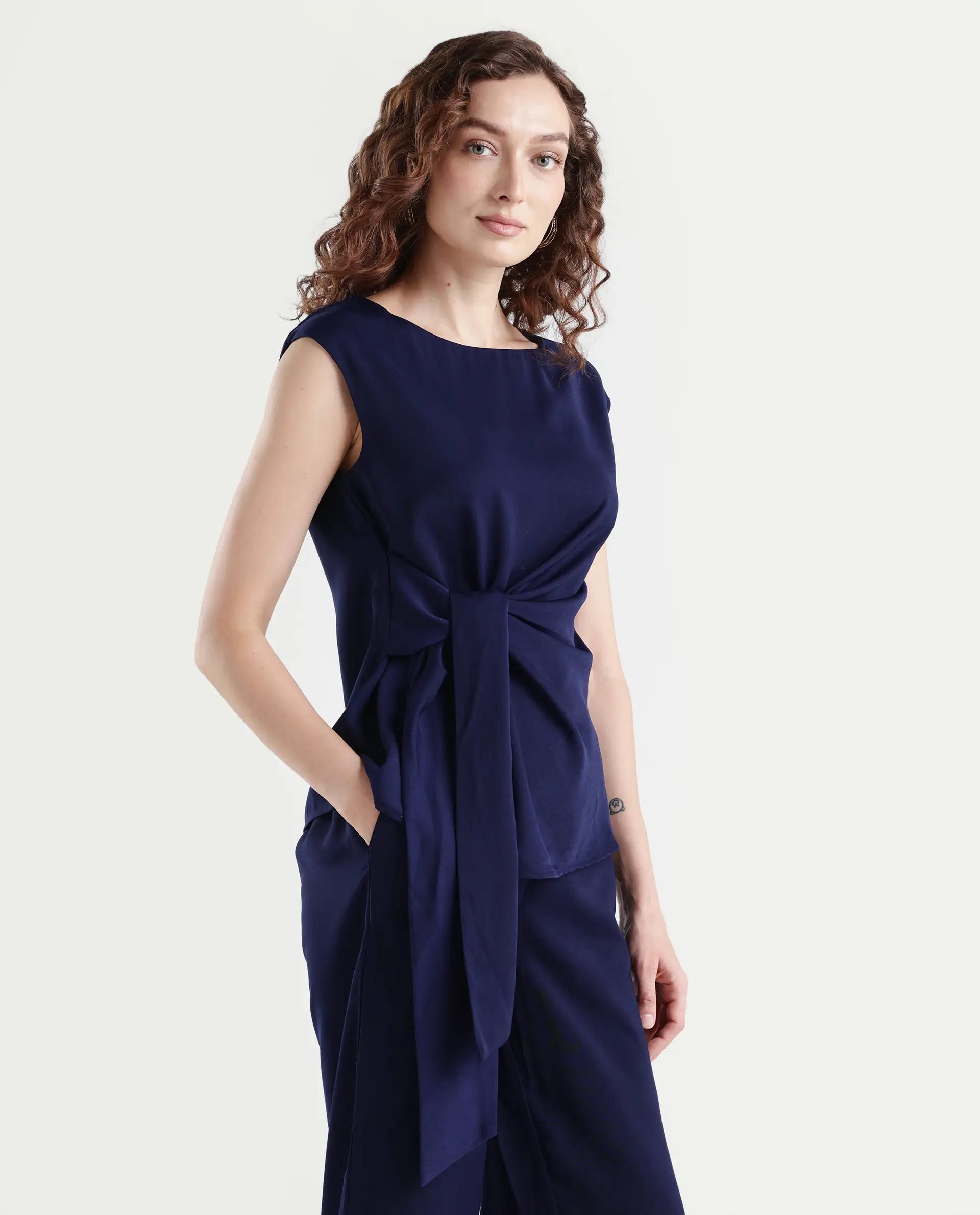 Rareism Women's Leville-T Dark Blue Polyester Blend Boat Neck Plain Sleeveless Relaxed Fit Top