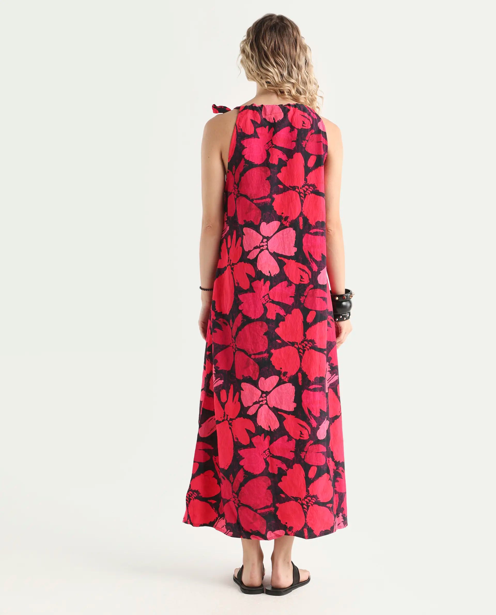 Rareism Women's Olya Multi Rayon Halter Neck Floral Print Sleeveless Maxi A-Line Dress