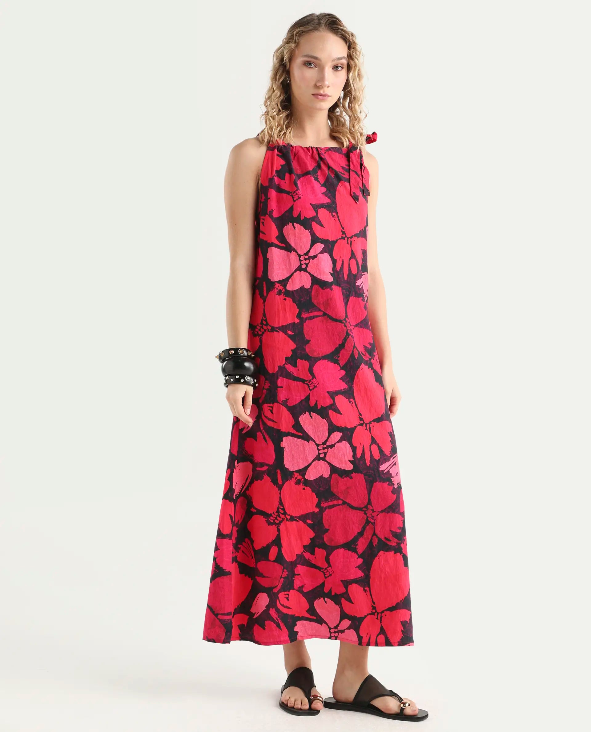 Rareism Women's Olya Multi Rayon Halter Neck Floral Print Sleeveless Maxi A-Line Dress