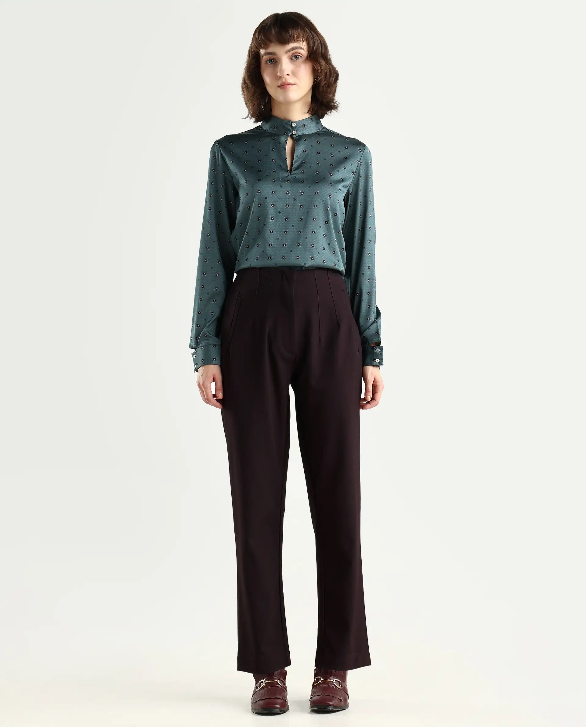 Rareism Women's Thompson Maroon Cotton Plain Ankle Length Tapered Trouser