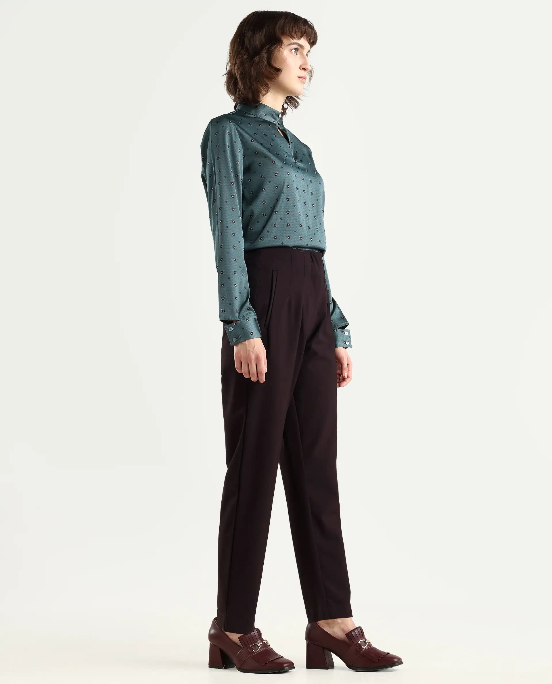 Rareism Women's Thompson Maroon Cotton Plain Ankle Length Tapered Trouser