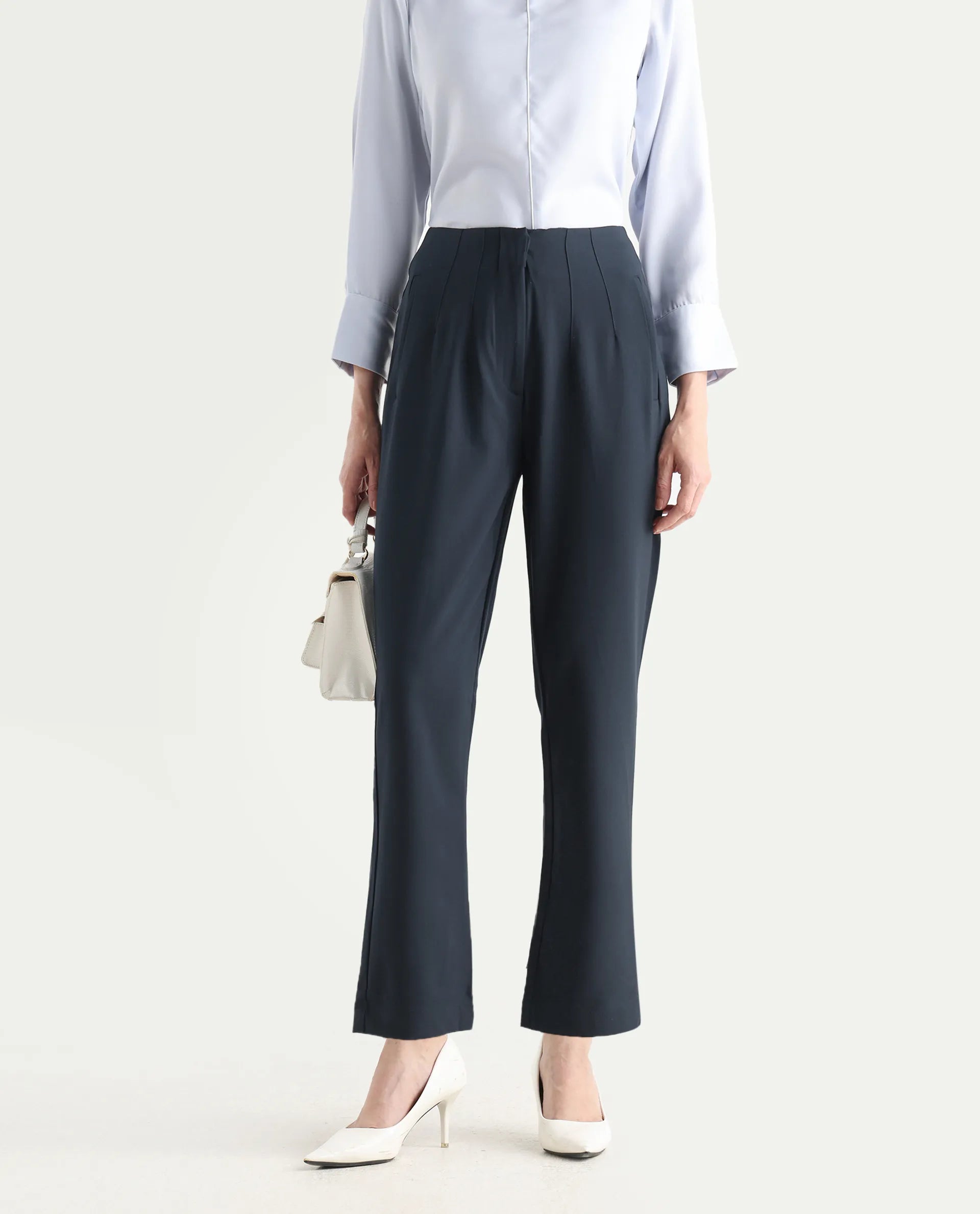 Rareism Women's Thompson Navy Cotton Plain Ankle Length Tapered Trouser