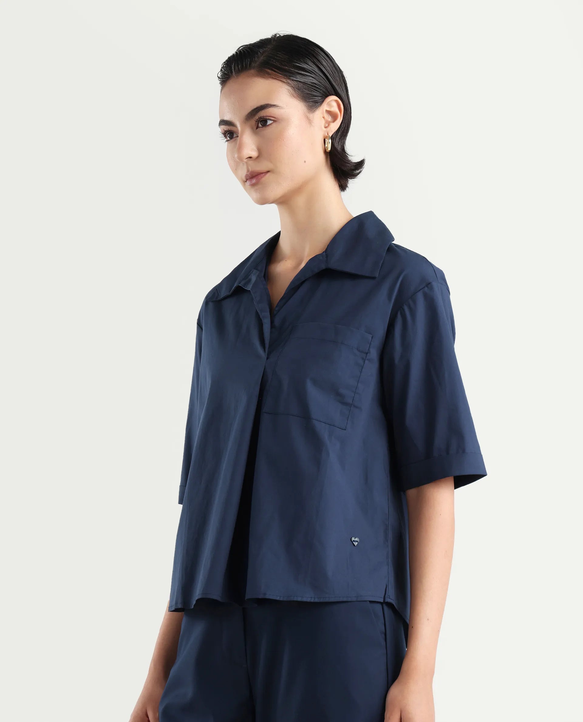 Rareism Women's Toefil Dark Navy Cotton Spread Collar Plain Regular Fit Shirt