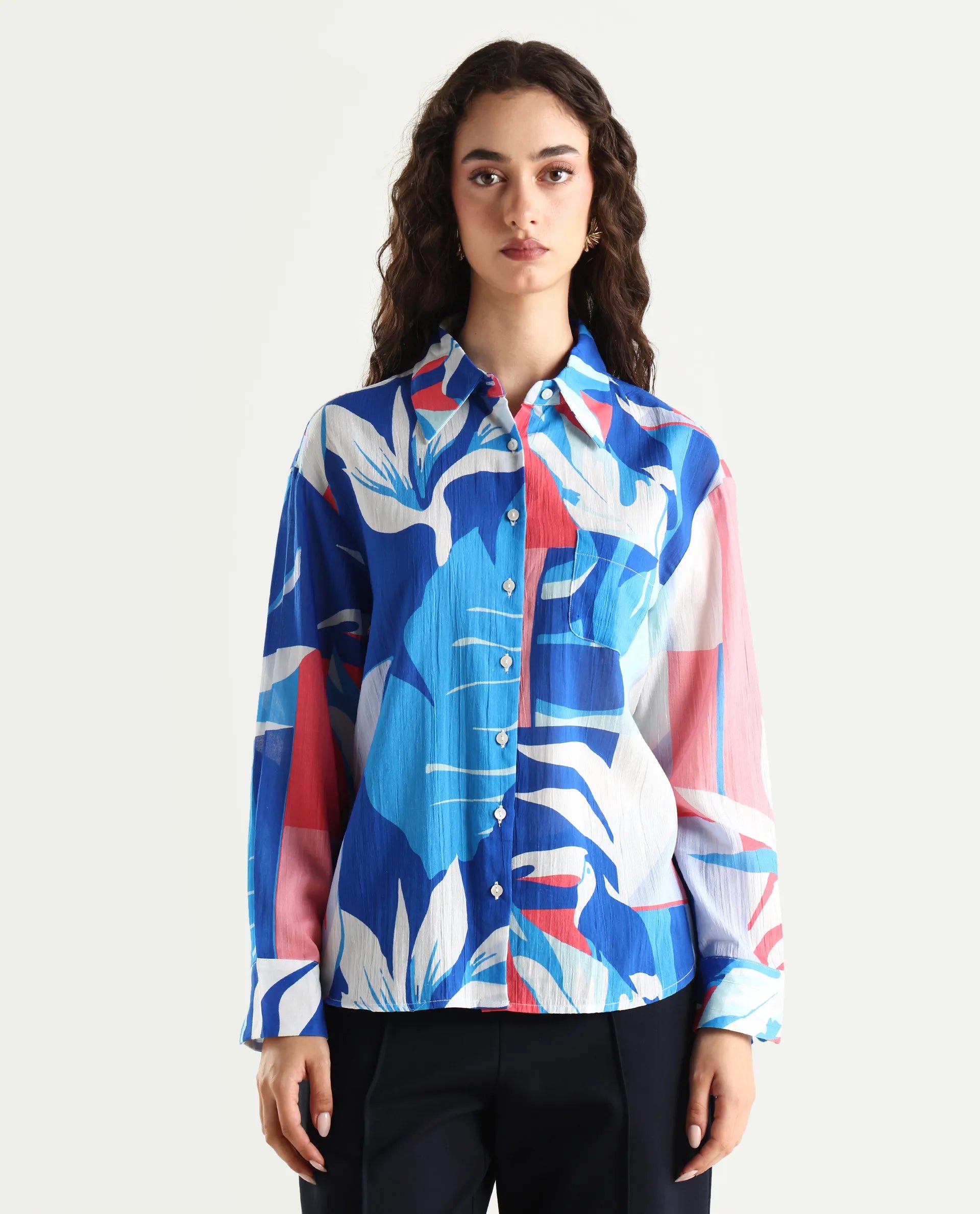 Rareism Women's Apetit White Cotton Drop Collar Abstract Print Cuffed Sleeve Regular Fit Top