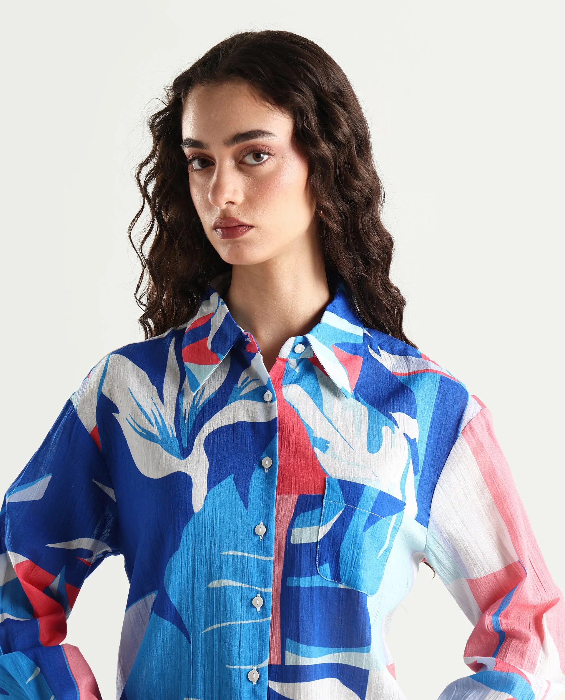 Rareism Women's Apetit White Cotton Drop Collar Abstract Print Cuffed Sleeve Regular Fit Top