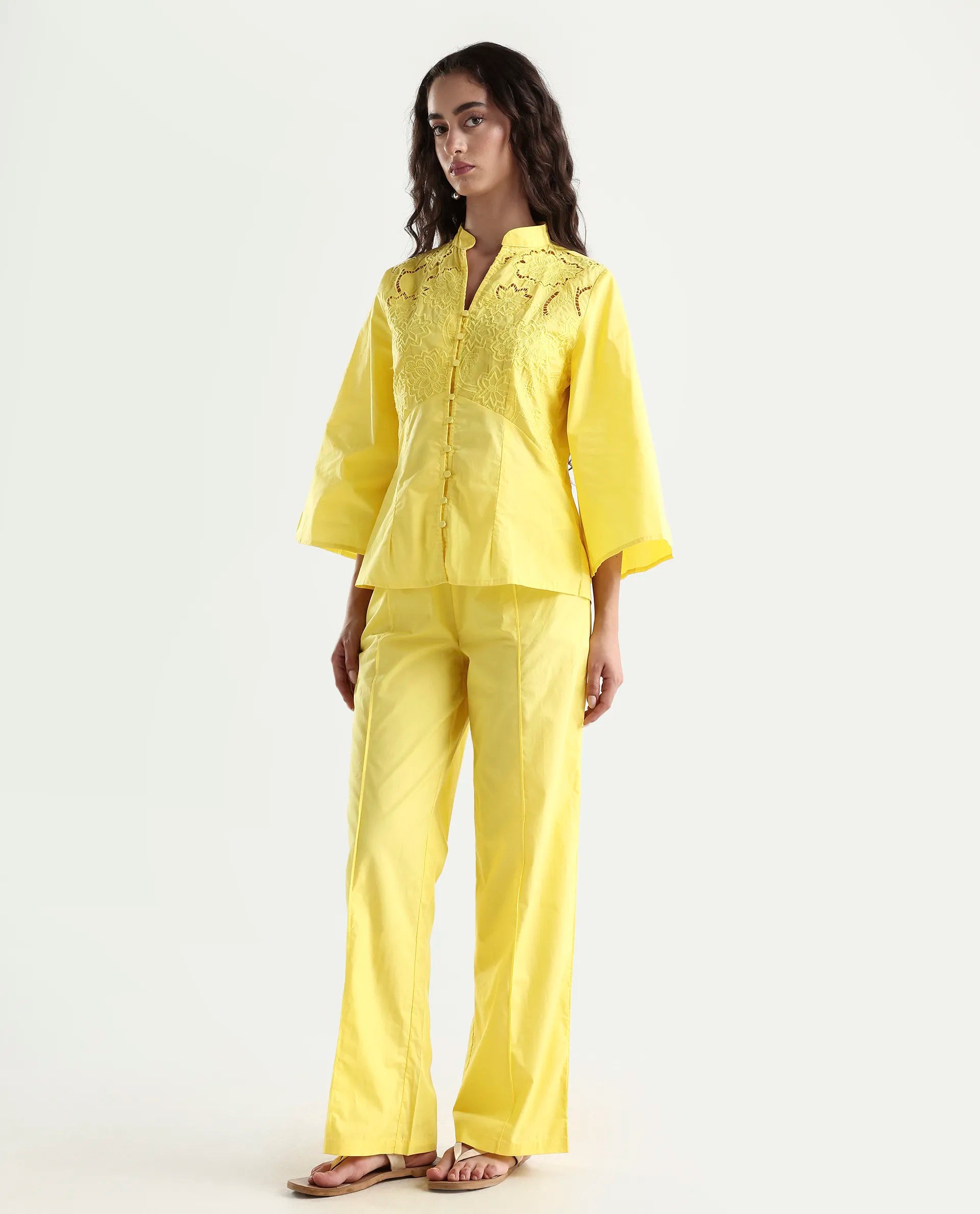 Rareism Women's Badgle-B Pastel Yellow Cotton Plain Ankle Length Straight Fit Trouser