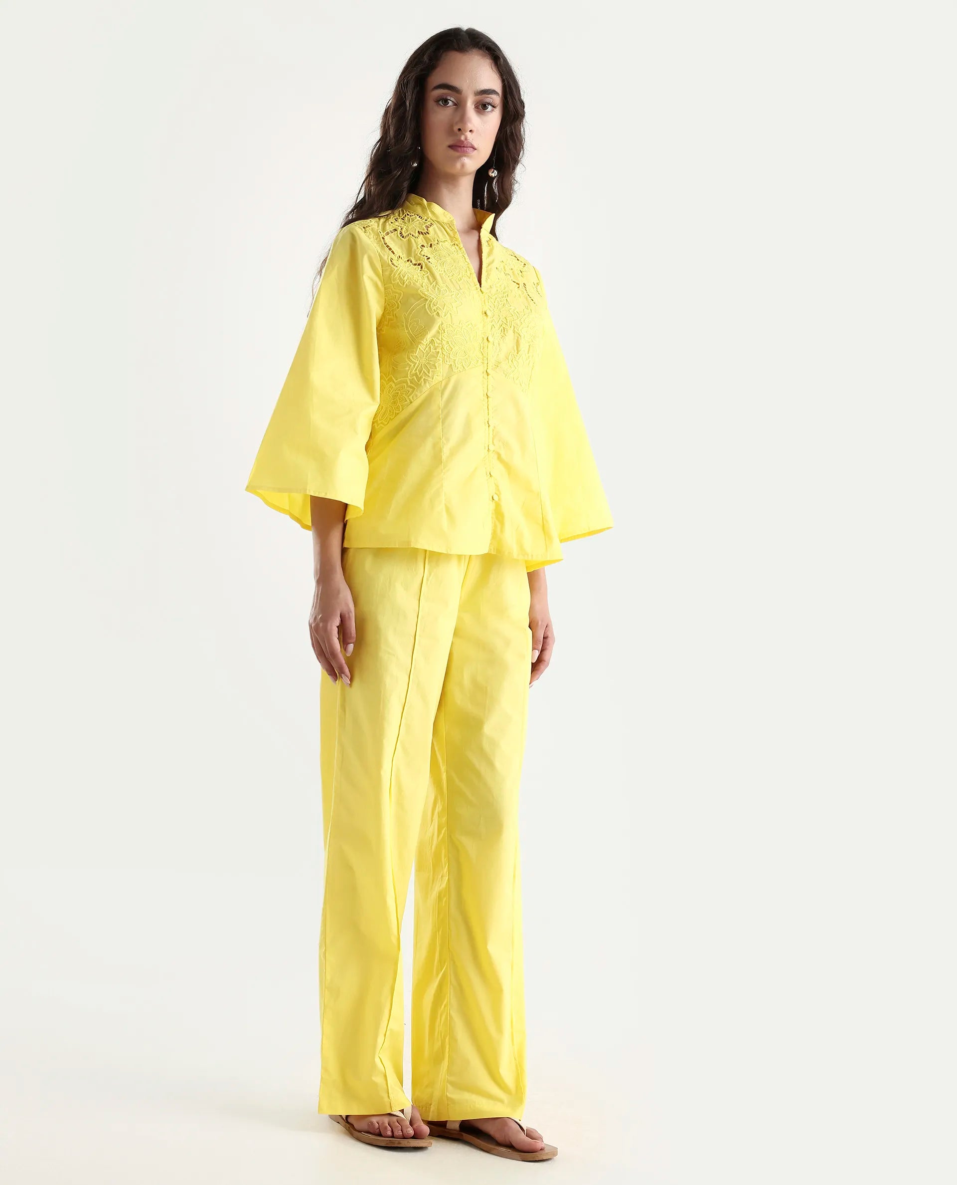 Rareism Women's Badgle-B Pastel Yellow Cotton Plain Ankle Length Straight Fit Trouser