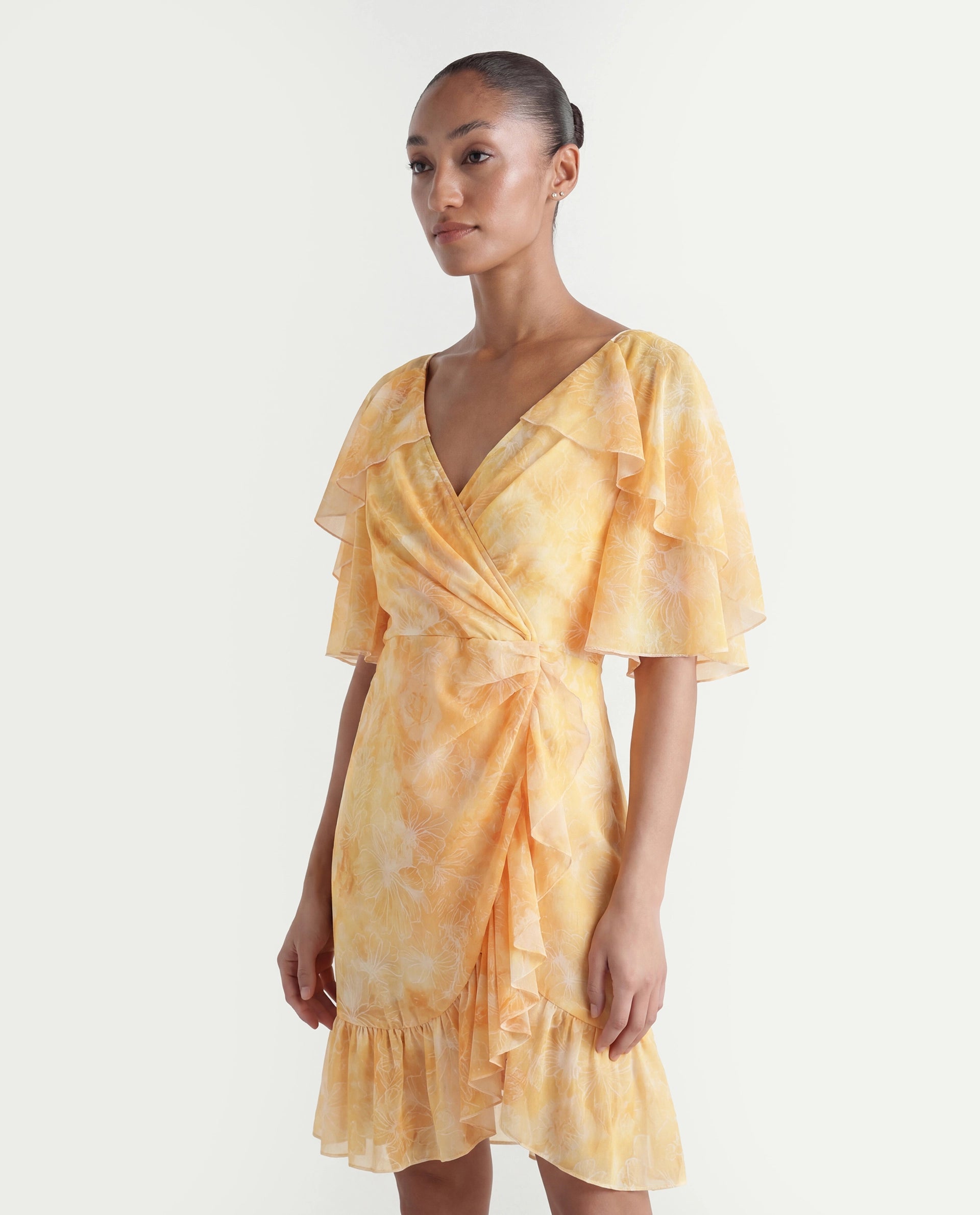 Rareism Women's Buckley Yellow Polyester Overlap Neck Floral Print Raglan Sleeve Knee Length Fit And Flare Dress