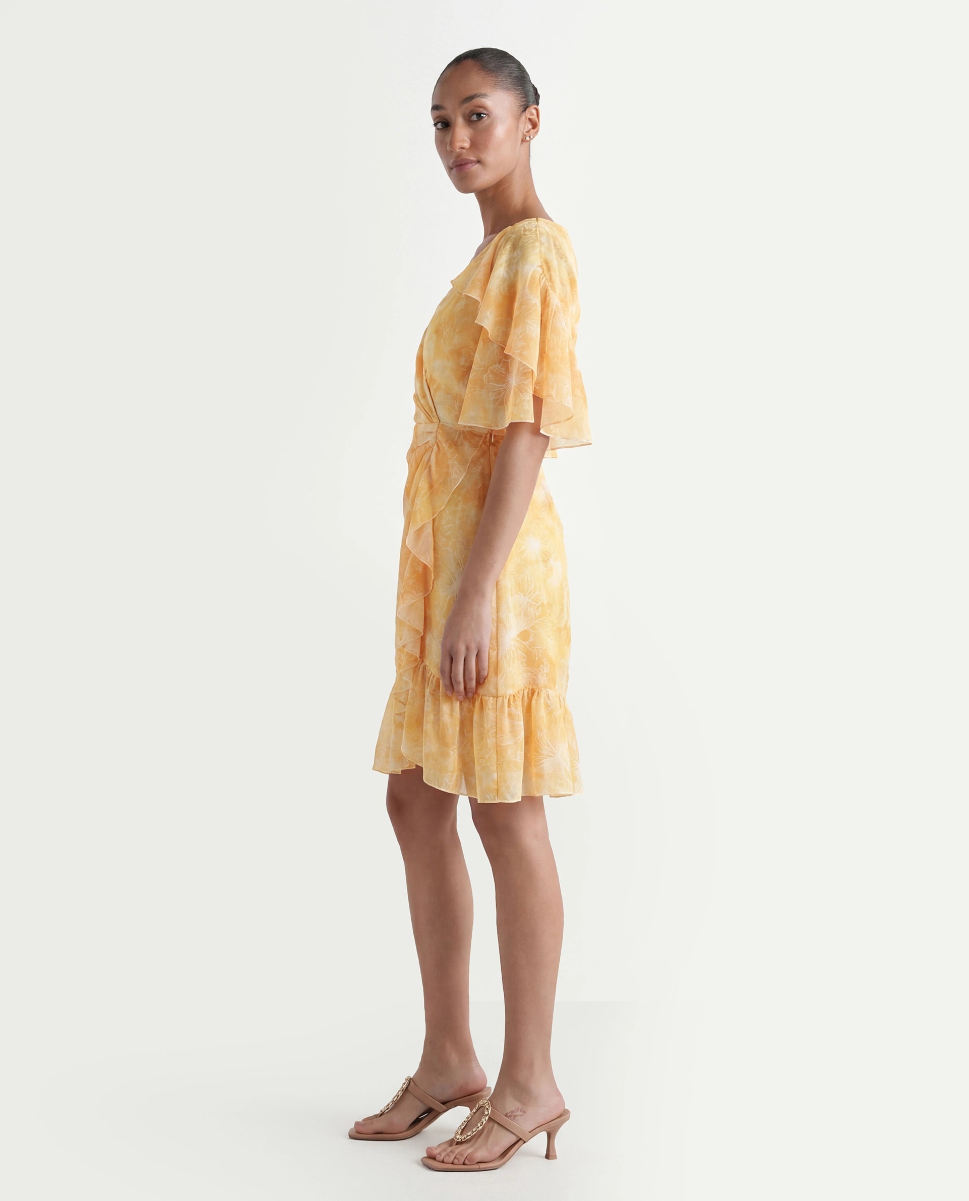 Rareism Women's Buckley Yellow Polyester Overlap Neck Floral Print Raglan Sleeve Knee Length Fit And Flare Dress