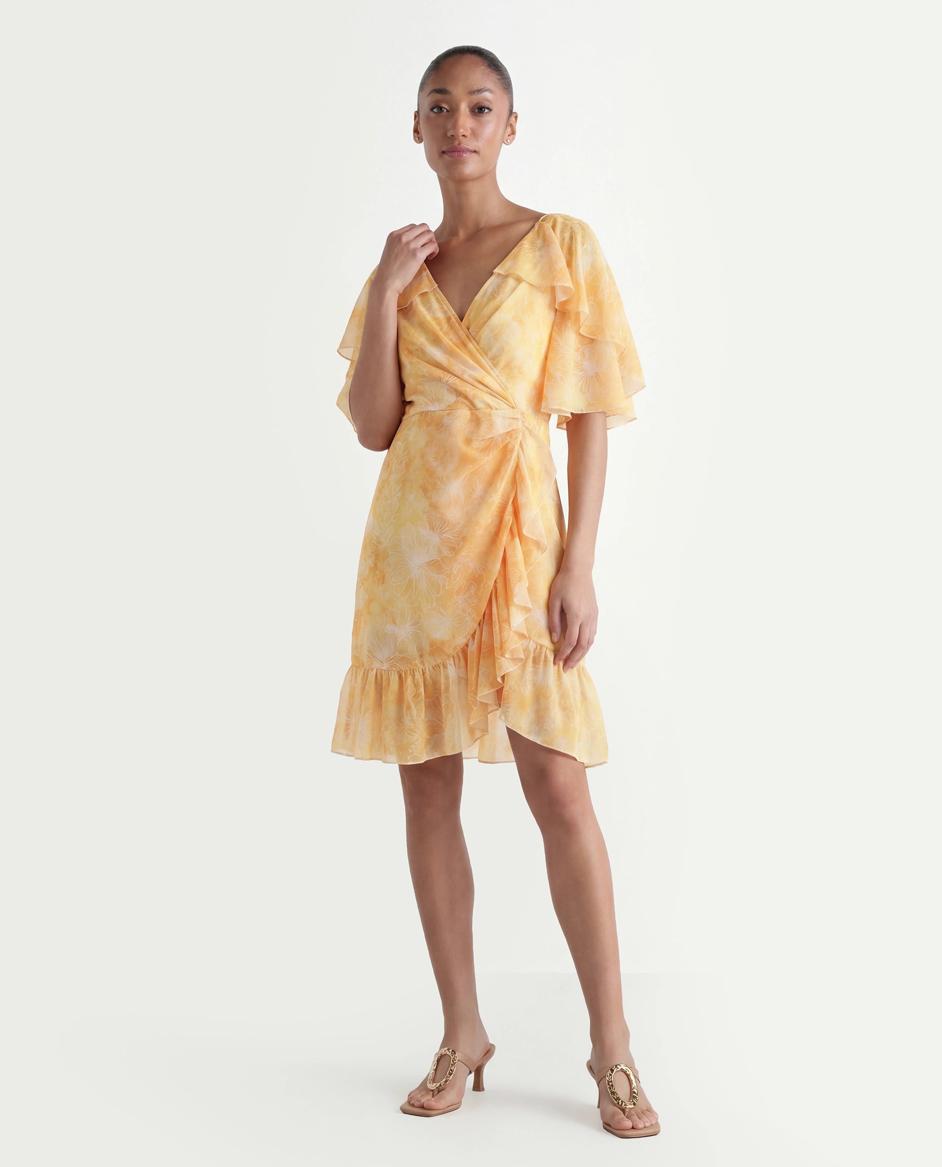 Rareism Women's Buckley Yellow Polyester Overlap Neck Floral Print Raglan Sleeve Knee Length Fit And Flare Dress