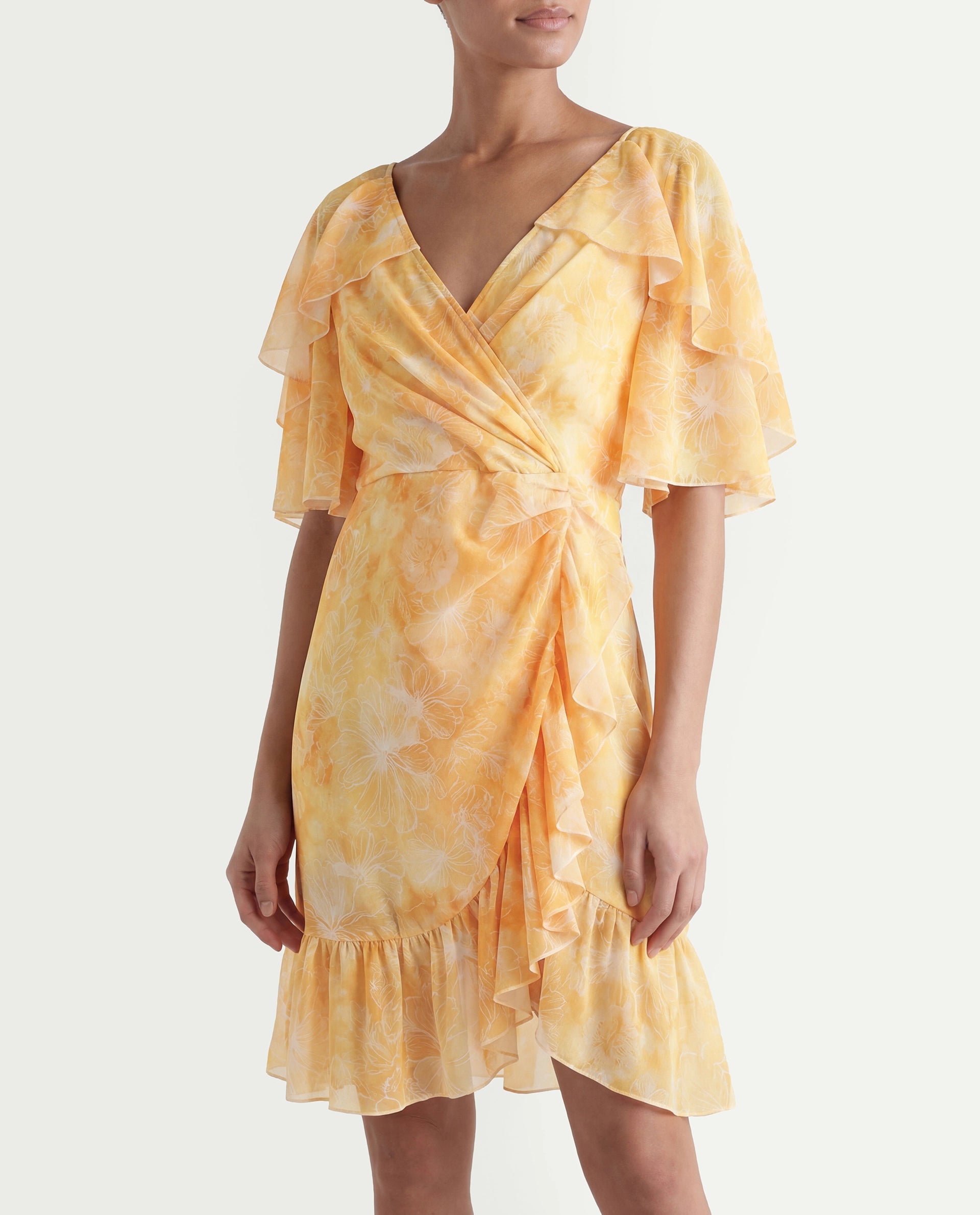 Rareism Women's Buckley Yellow Polyester Overlap Neck Floral Print Raglan Sleeve Knee Length Fit And Flare Dress