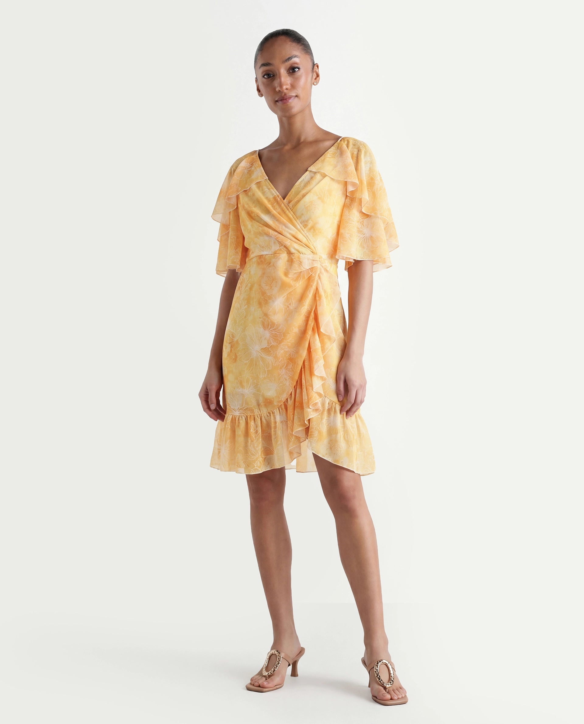 Rareism Women's Buckley Yellow Polyester Overlap Neck Floral Print Raglan Sleeve Knee Length Fit And Flare Dress