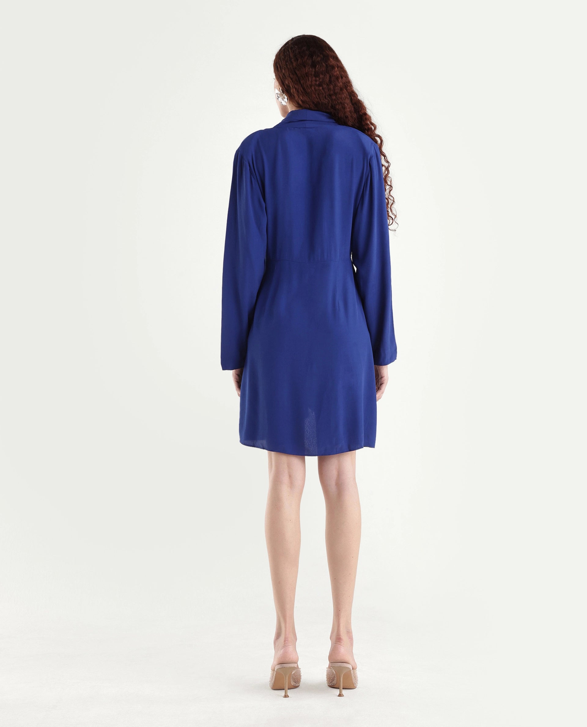 Rareism Women's Celler Flouroscent Blue Rayon Lapel Neck Plain Mini Wrap Dress
