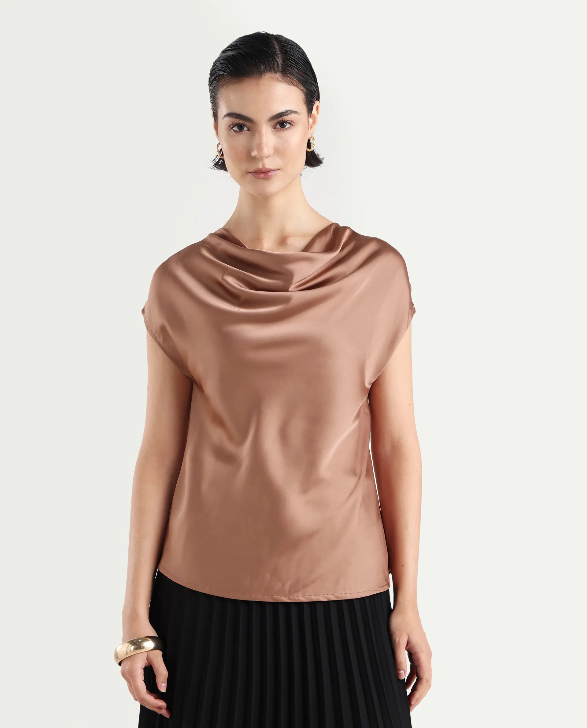 Rareism Women's Hawter Brown Polyester Cowl Neck Plain Cap Sleeve Regular Fit Top