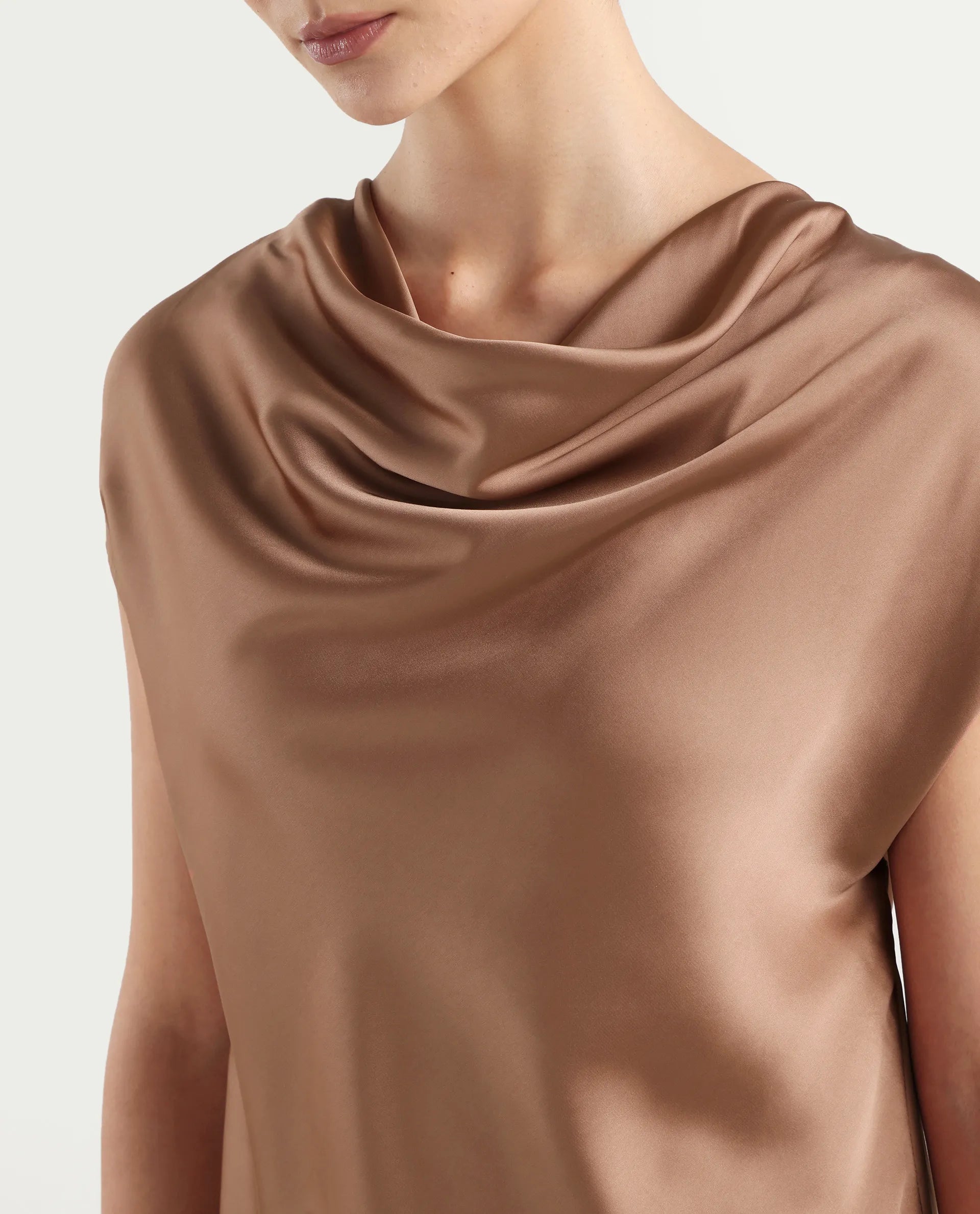 Rareism Women's Hawter Brown Polyester Cowl Neck Plain Cap Sleeve Regular Fit Top