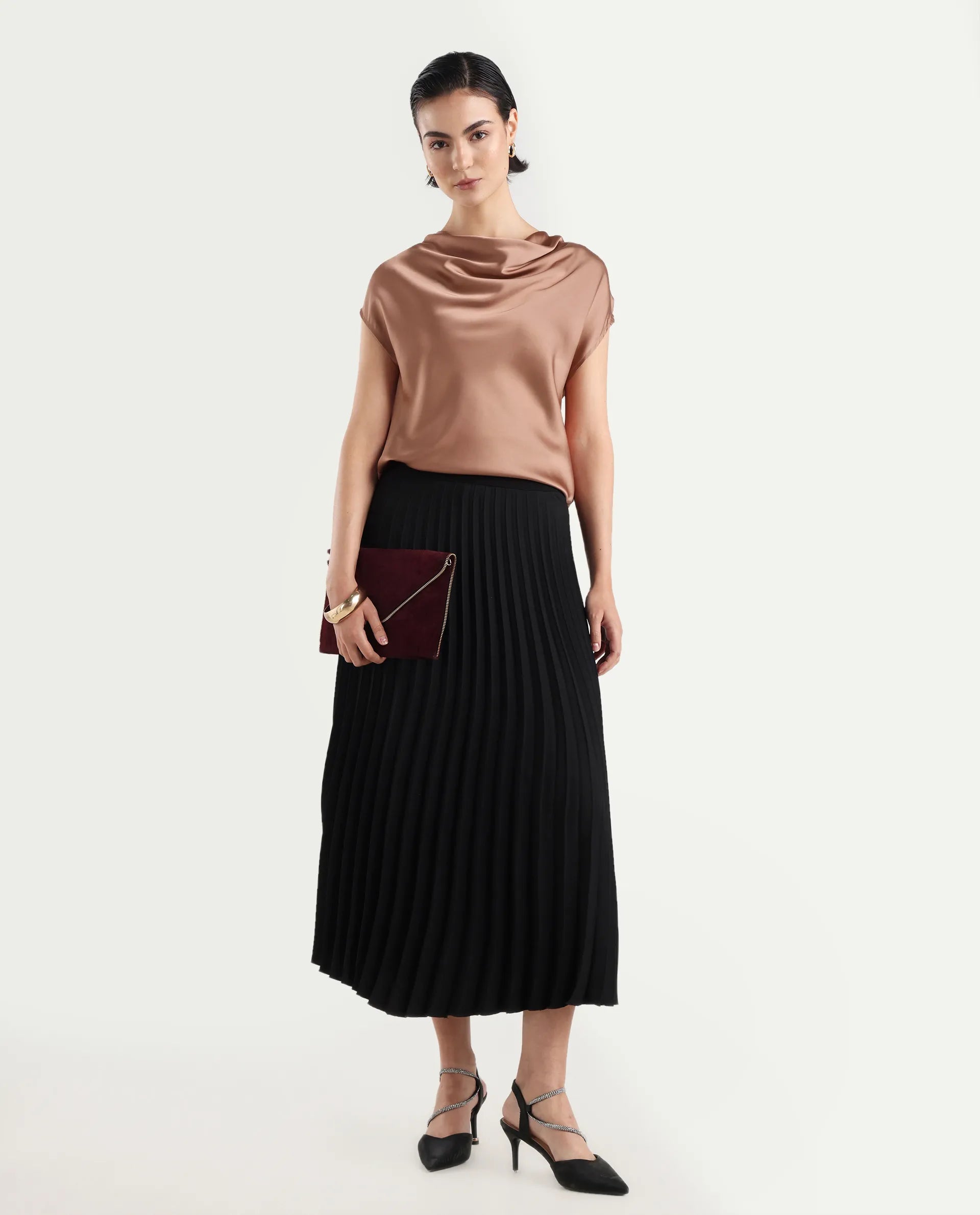 Rareism Women's Hawter Brown Polyester Cowl Neck Plain Cap Sleeve Regular Fit Top