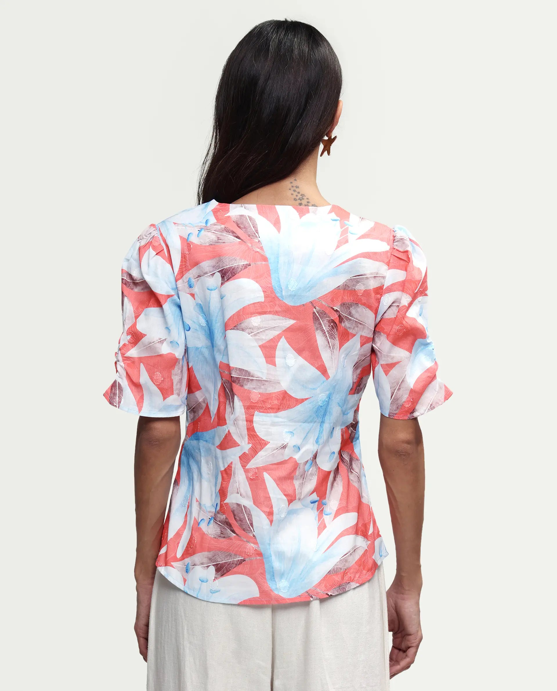 Rareism Women's Housto-T Pink Cotton V-Neck Floral Print Puff Sleeves Regular Fit Top