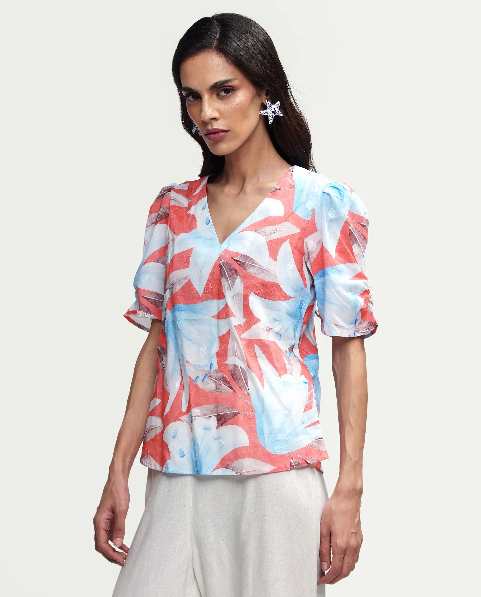 Rareism Women's Housto-T Pink Cotton V-Neck Floral Print Puff Sleeves Regular Fit Top