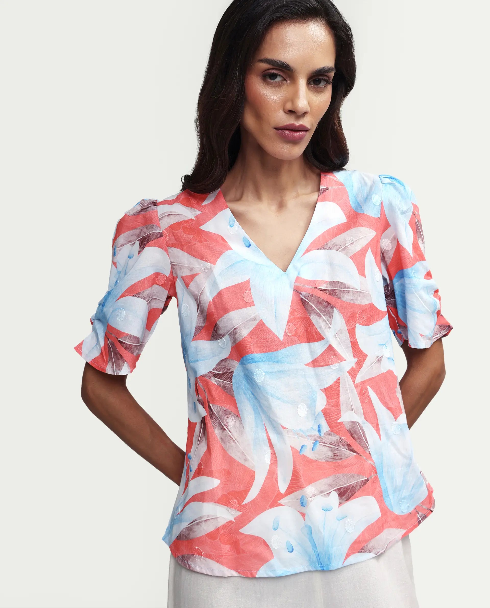 Rareism Women's Housto-T Pink Cotton V-Neck Floral Print Puff Sleeves Regular Fit Top