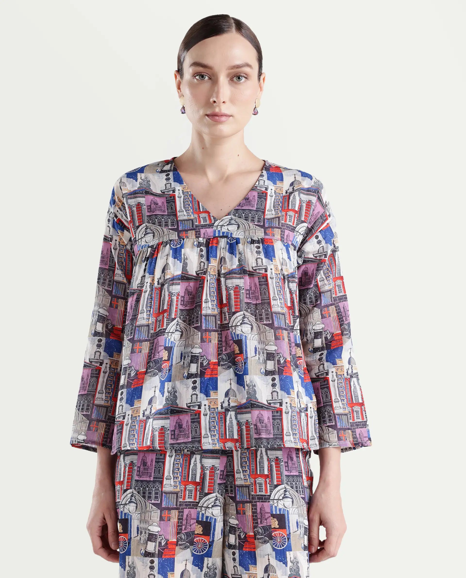 Rareism Women's Rinata-T Multi Cotton V-Neck Abstract Print Regular Fit Top