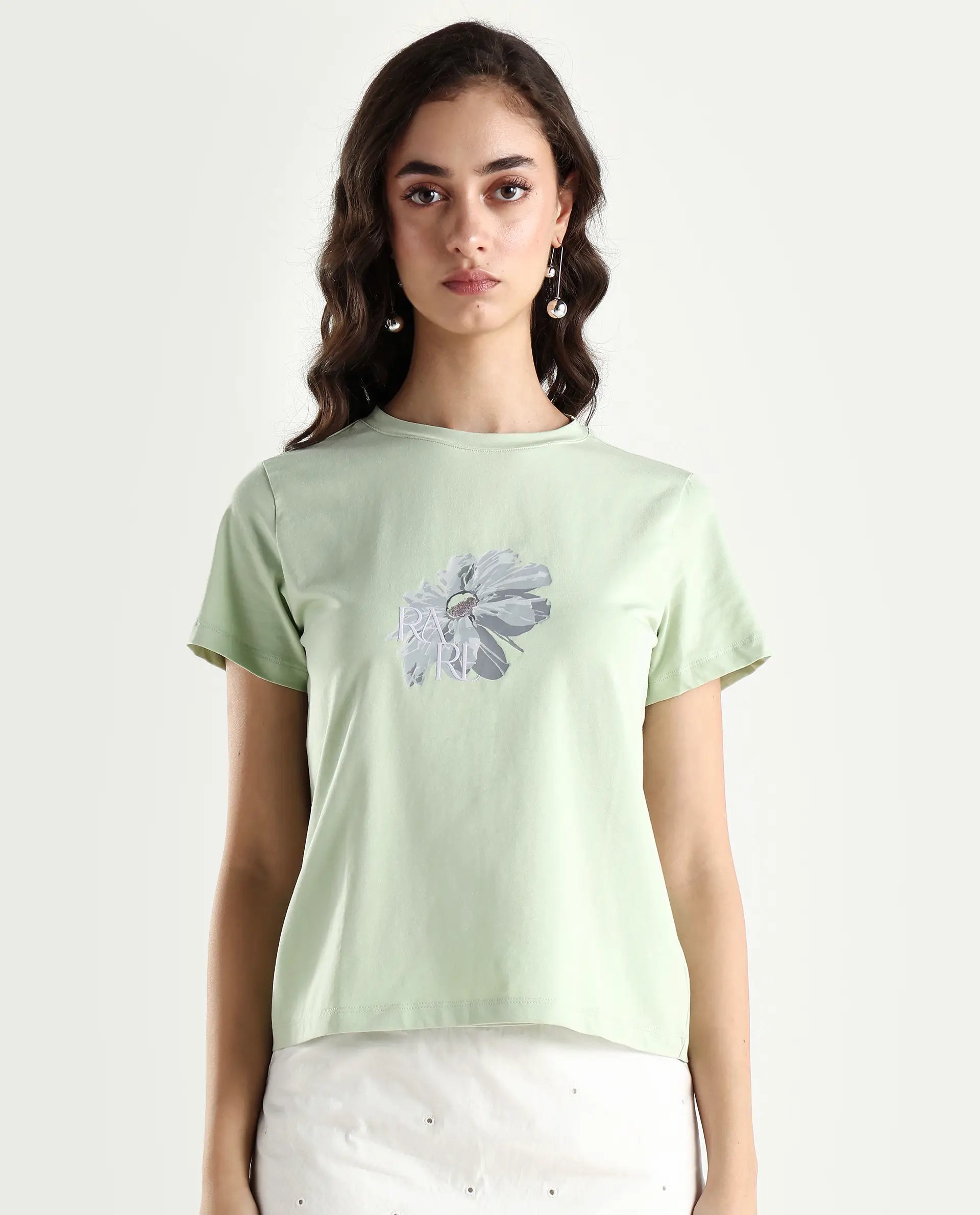Rareism Women's Fringe Pastel Green Cotton Blend Crew Neck Graphic Print Regular Fit T-Shirt