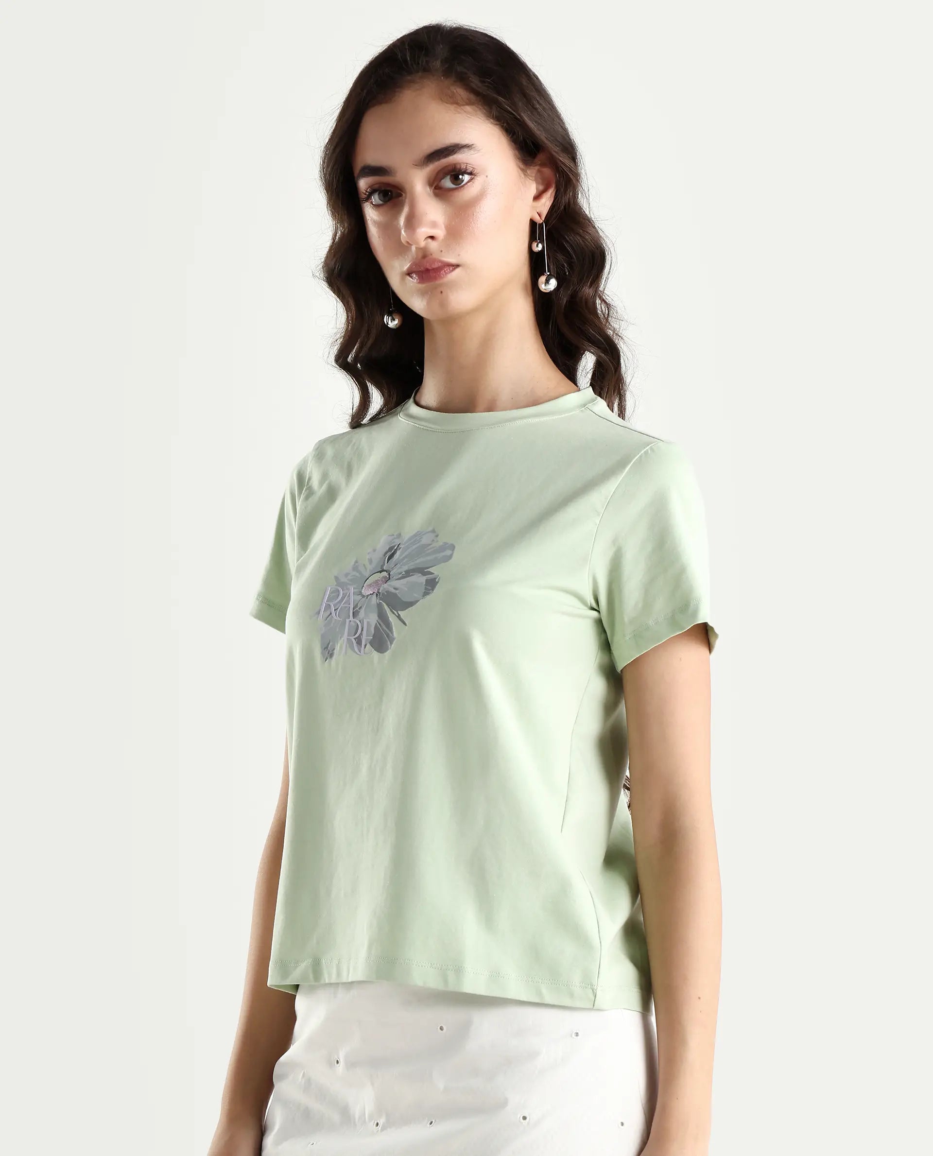 Rareism Women's Fringe Pastel Green Cotton Blend Crew Neck Graphic Print Regular Fit T-Shirt