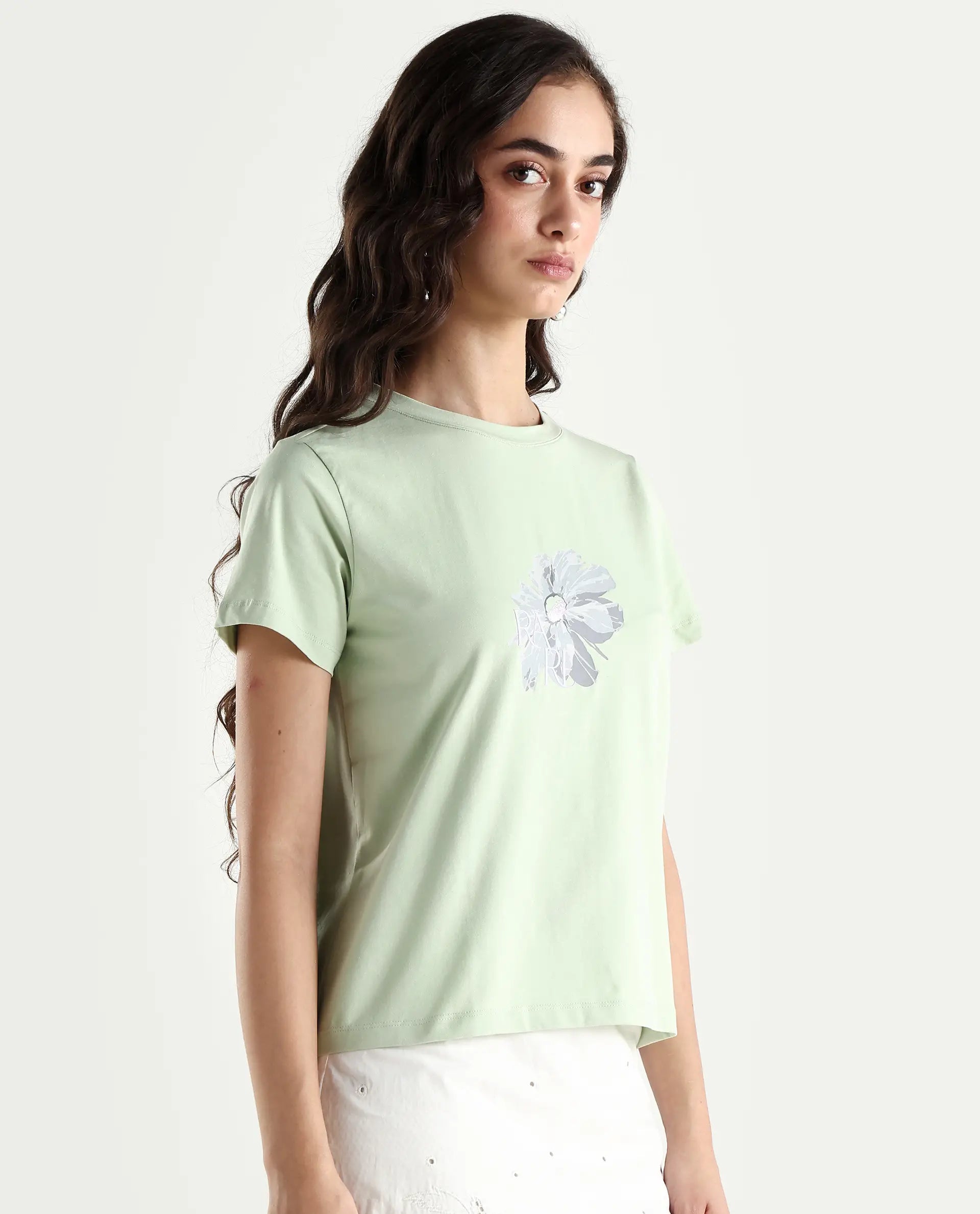 Rareism Women's Fringe Pastel Green Cotton Blend Crew Neck Graphic Print Regular Fit T-Shirt