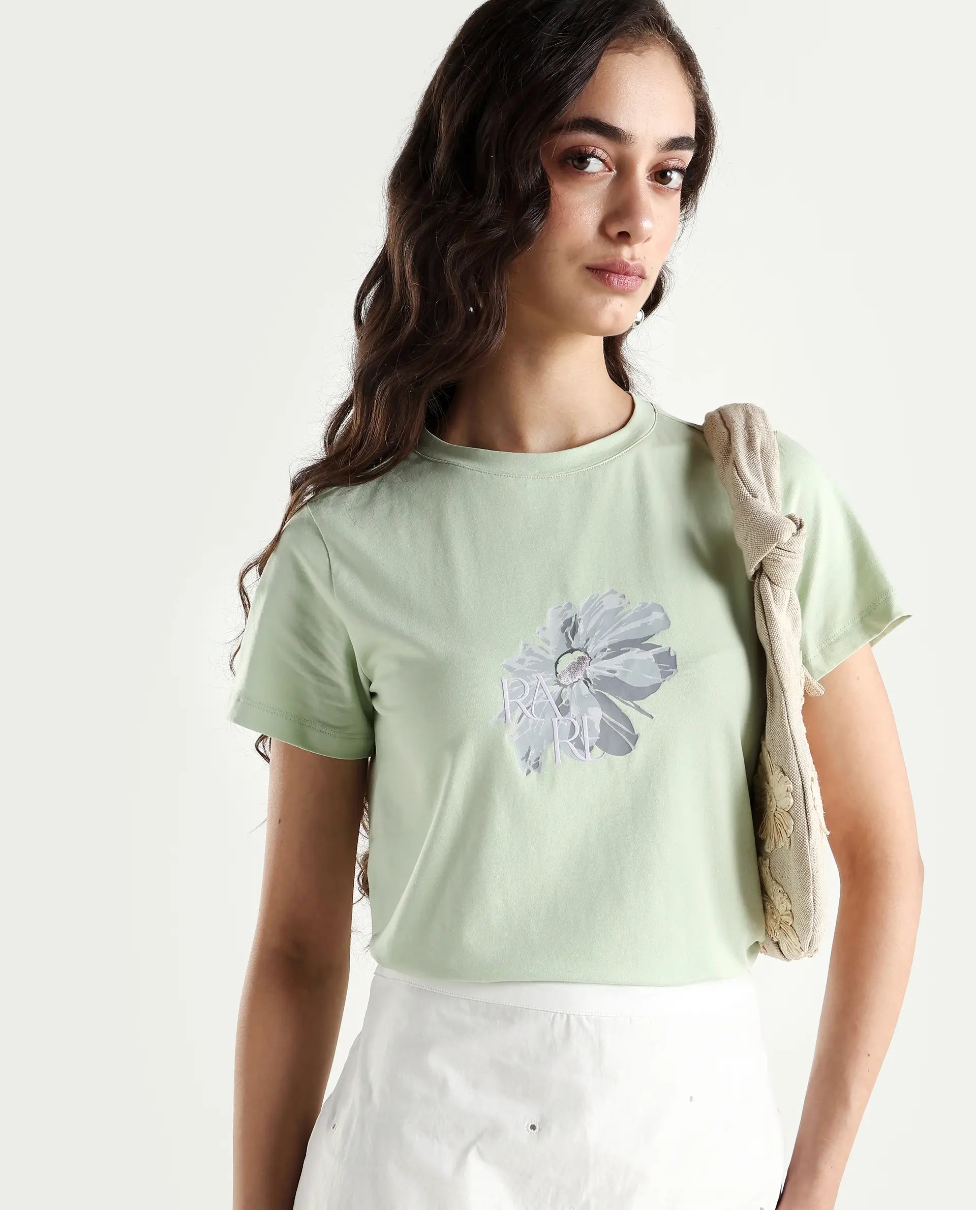 Rareism Women's Fringe Pastel Green Cotton Blend Crew Neck Graphic Print Regular Fit T-Shirt