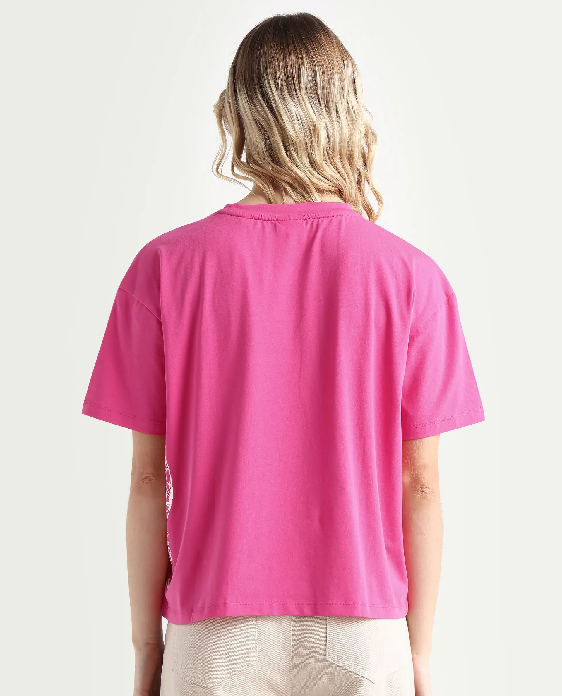 Rareism Women's Grando Flouroscent Pink Cotton Blend Crew Neck Graphic Print Boxy Fit T-Shirt