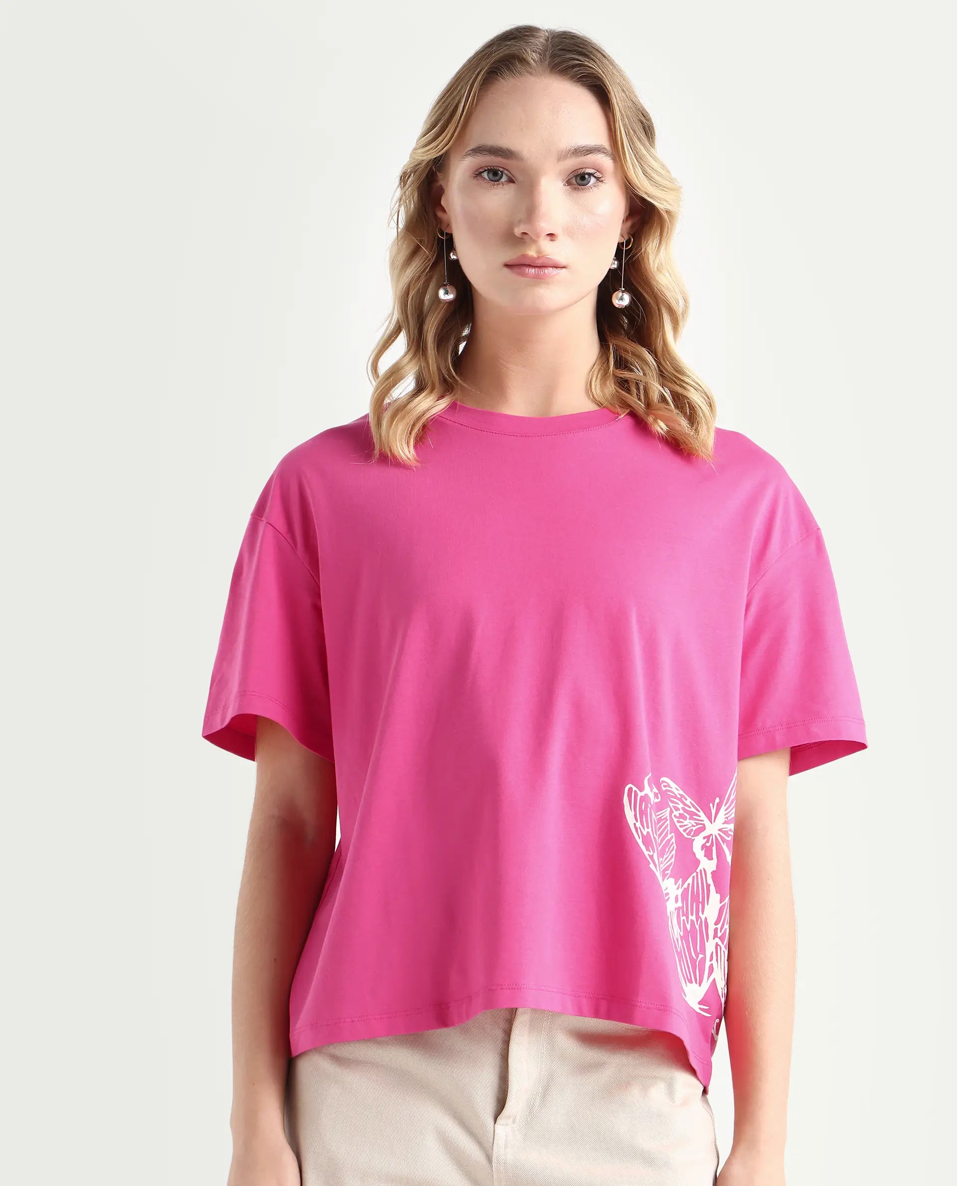 Rareism Women's Grando Flouroscent Pink Cotton Blend Crew Neck Graphic Print Boxy Fit T-Shirt