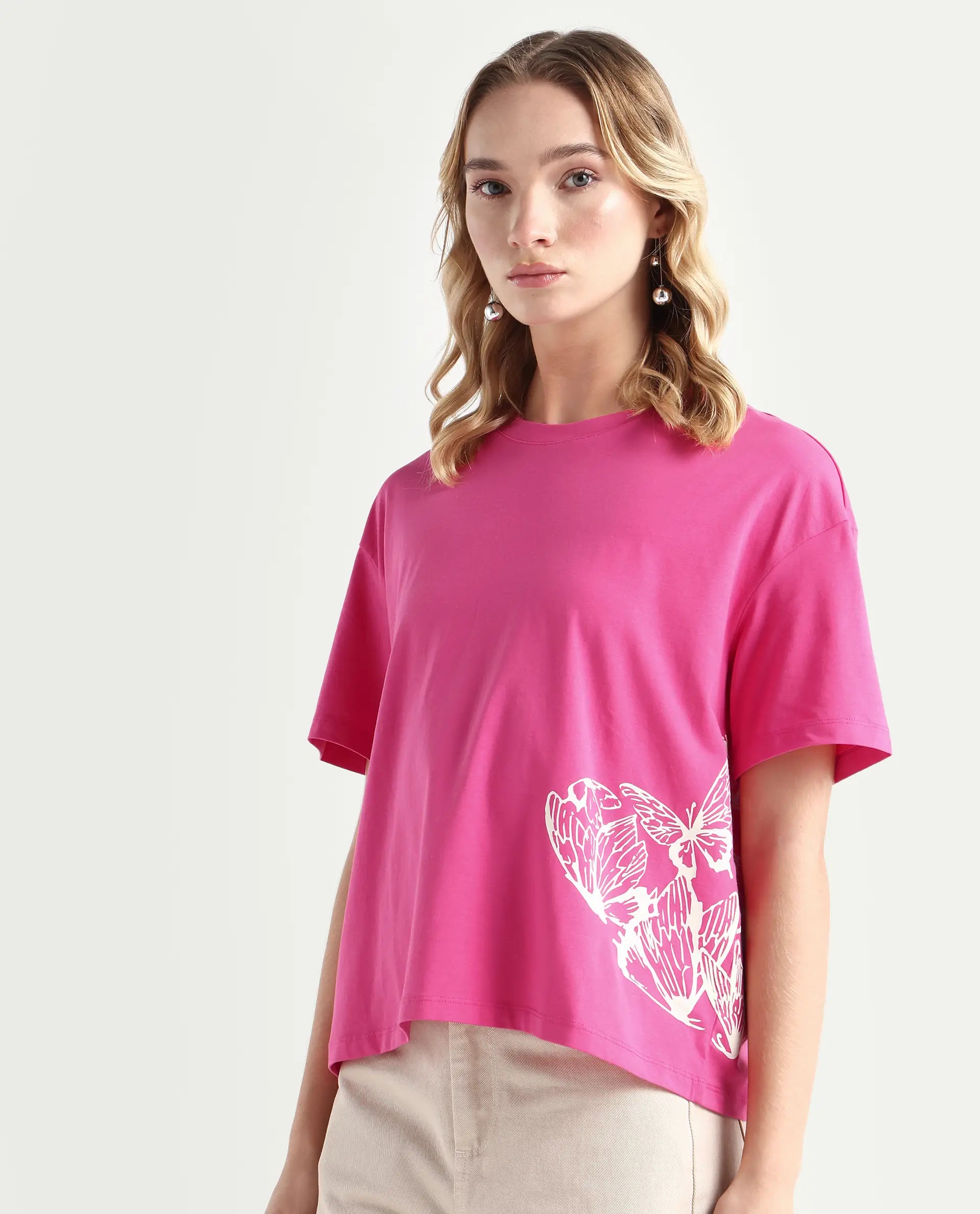 Rareism Women's Grando Flouroscent Pink Cotton Blend Crew Neck Graphic Print Boxy Fit T-Shirt
