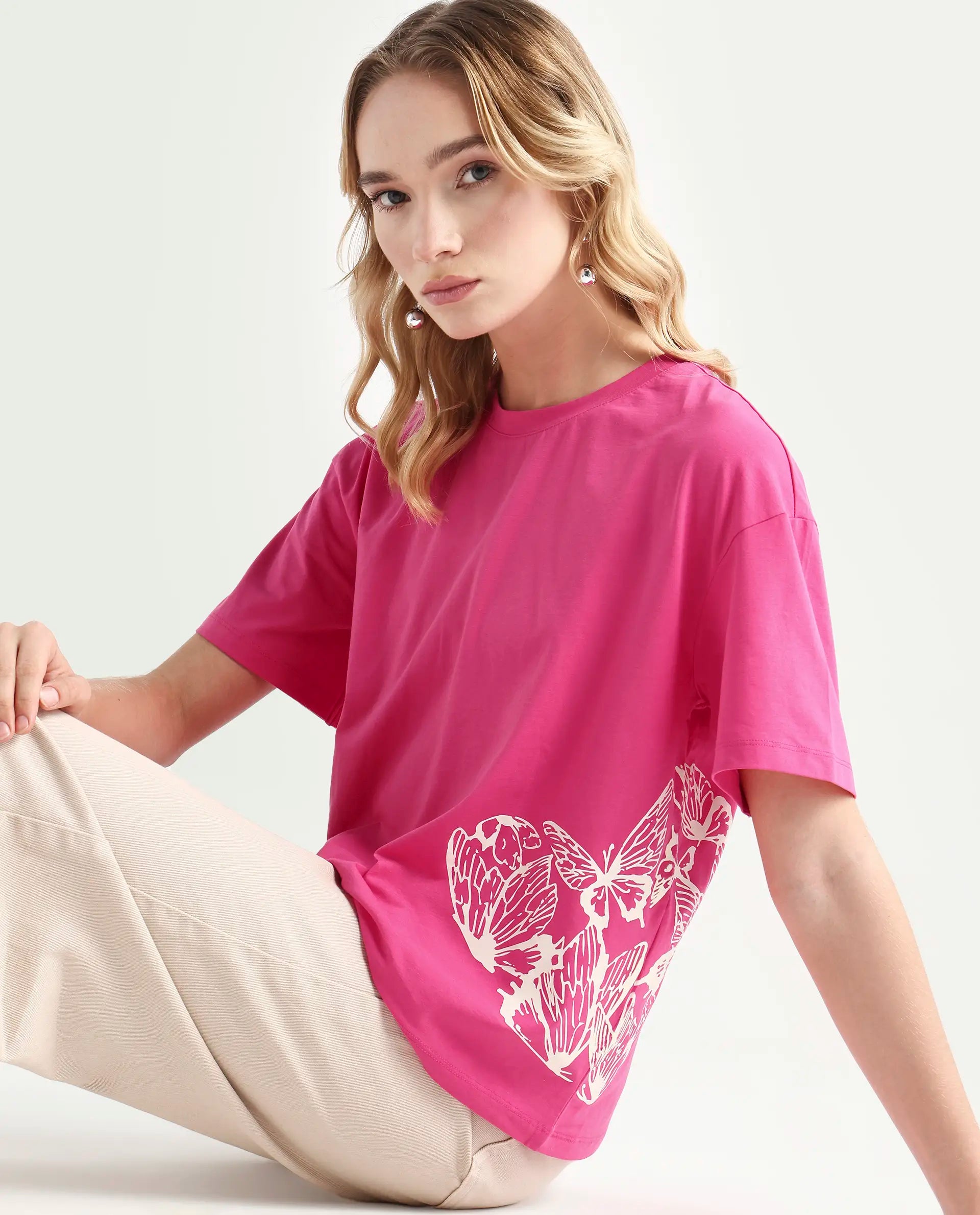 Rareism Women's Grando Flouroscent Pink Cotton Blend Crew Neck Graphic Print Boxy Fit T-Shirt