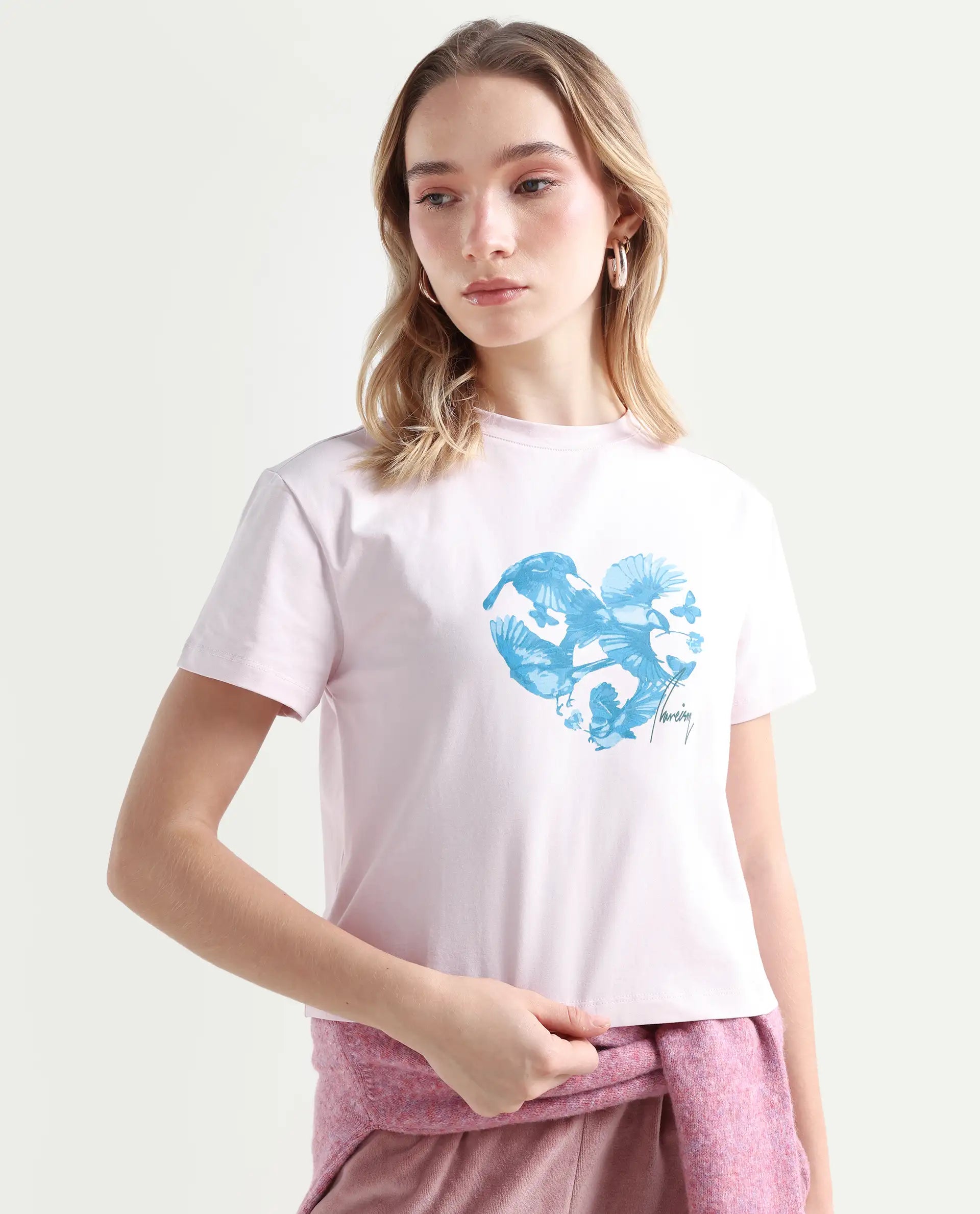 Rareism Women's Sydent Pastel Pink Cotton Blend Crew Neck Graphic Print Crop Regular Fit T-Shirt