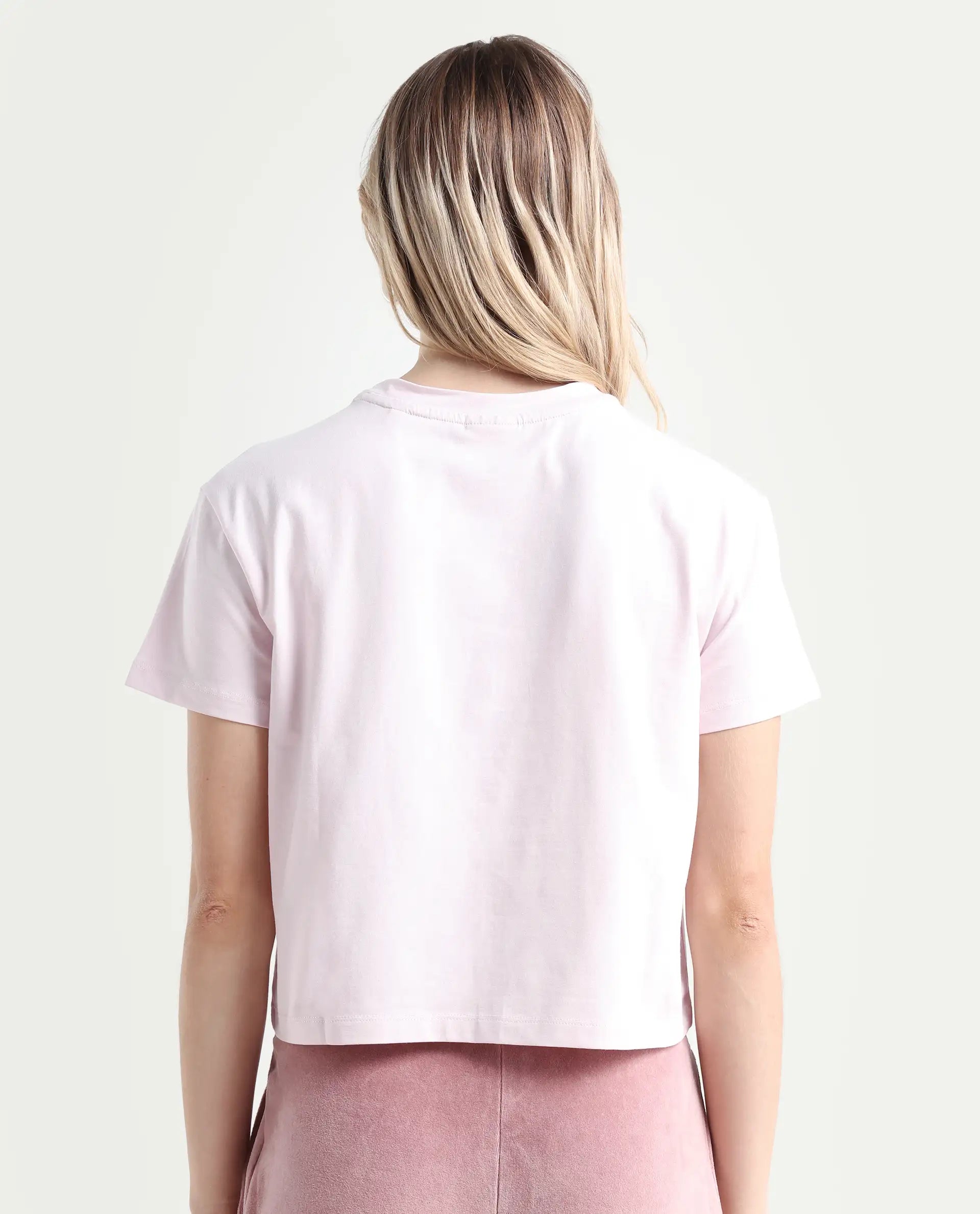 Rareism Women's Sydent Pastel Pink Cotton Blend Crew Neck Graphic Print Crop Regular Fit T-Shirt