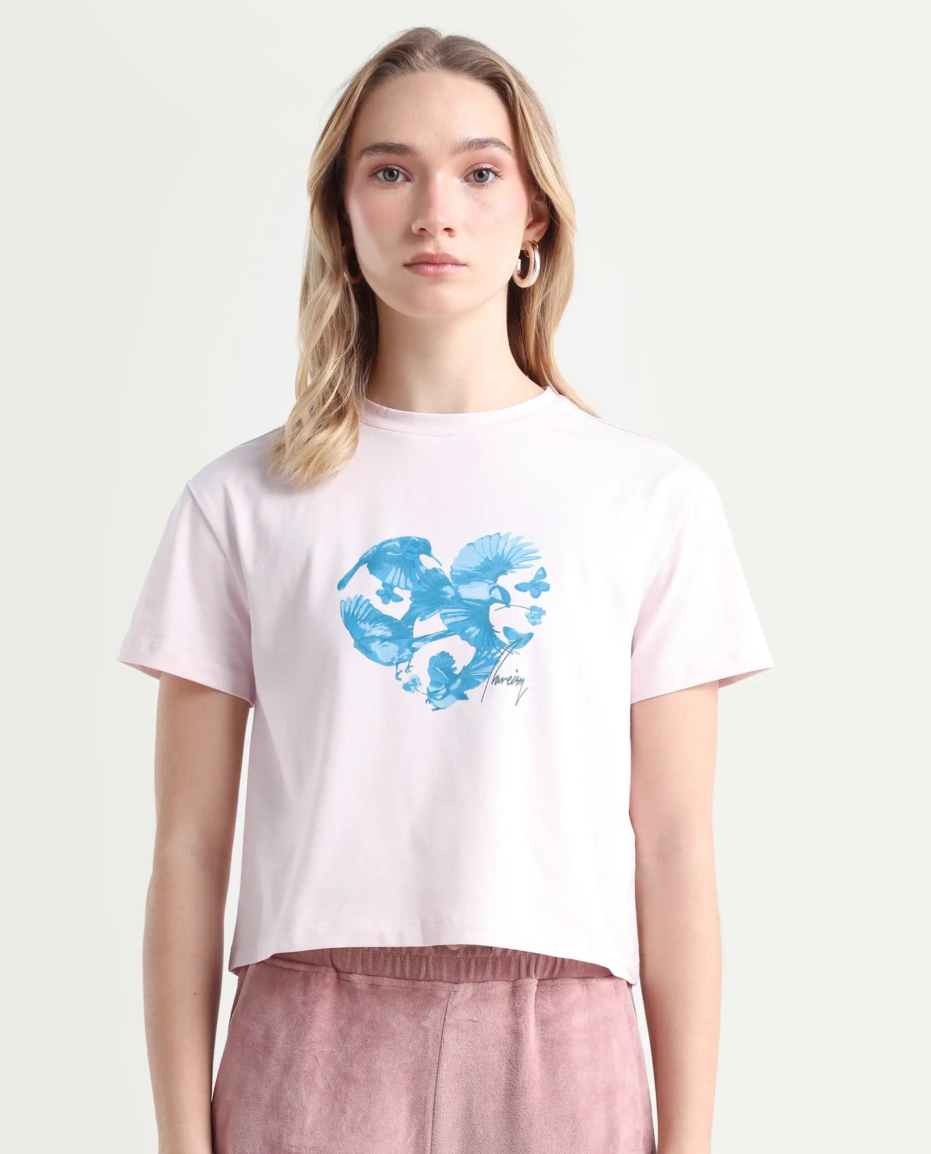 Rareism Women's Sydent Pastel Pink Cotton Blend Crew Neck Graphic Print Crop Regular Fit T-Shirt