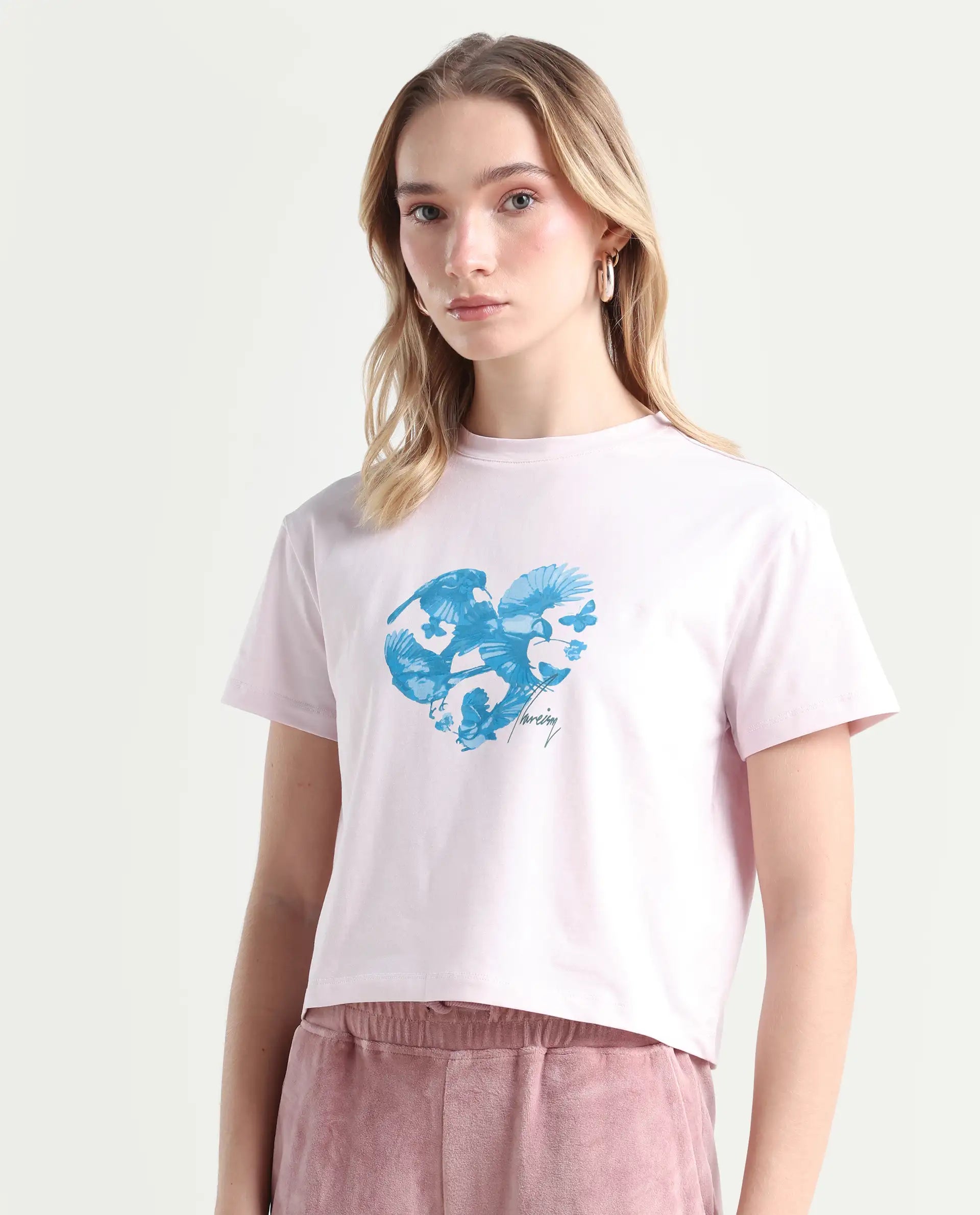 Rareism Women's Sydent Pastel Pink Cotton Blend Crew Neck Graphic Print Crop Regular Fit T-Shirt