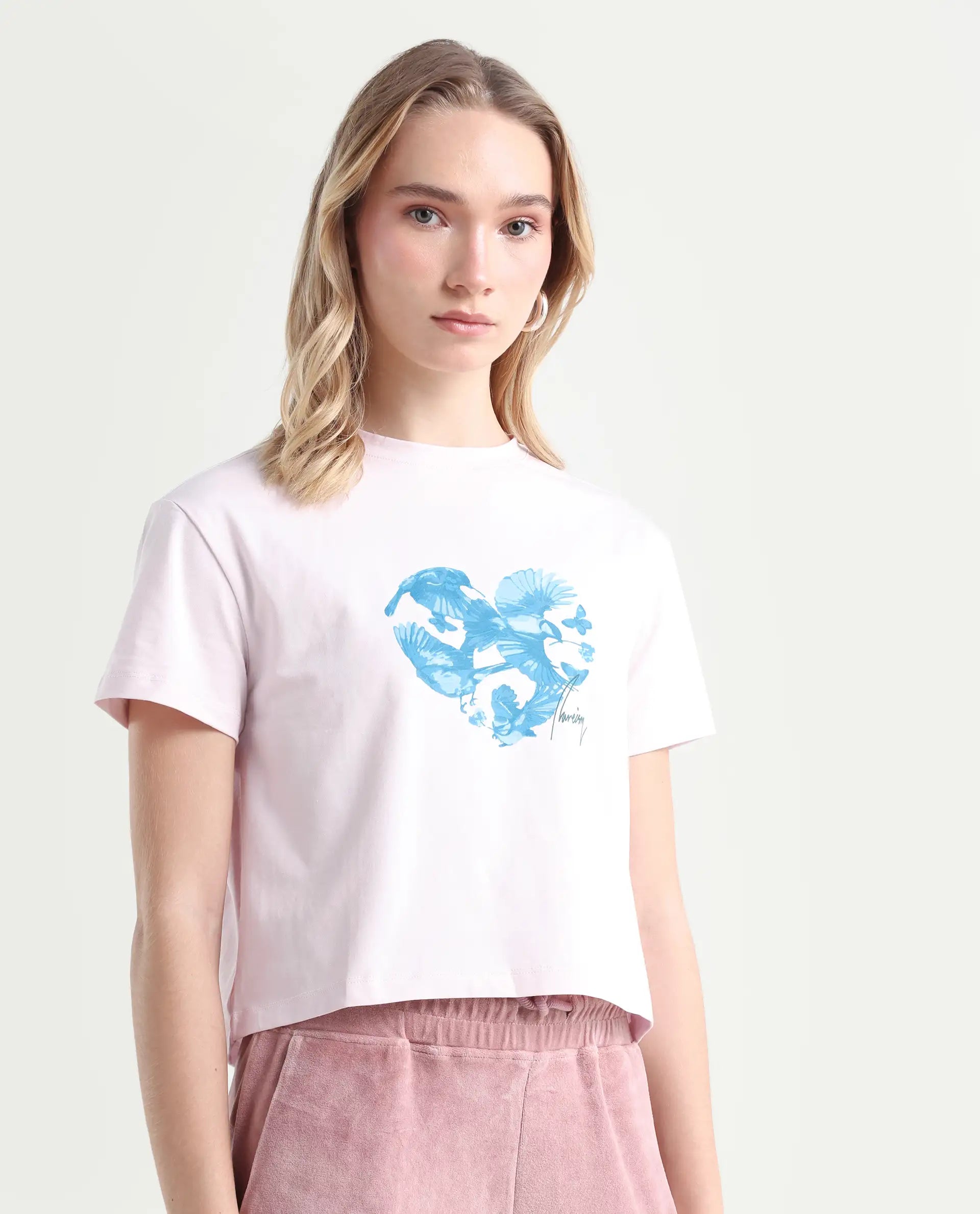 Rareism Women's Sydent Pastel Pink Cotton Blend Crew Neck Graphic Print Crop Regular Fit T-Shirt