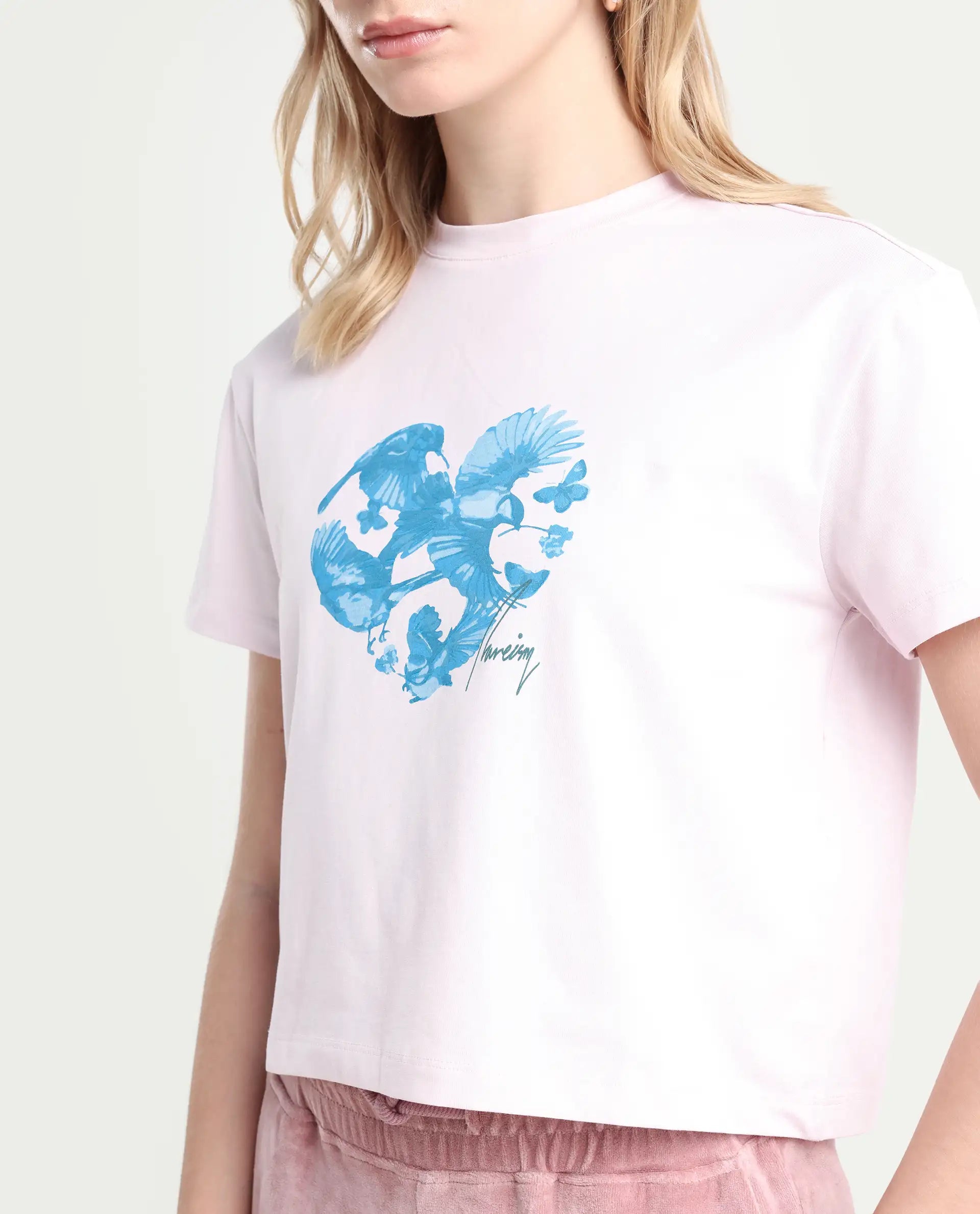 Rareism Women's Sydent Pastel Pink Cotton Blend Crew Neck Graphic Print Crop Regular Fit T-Shirt