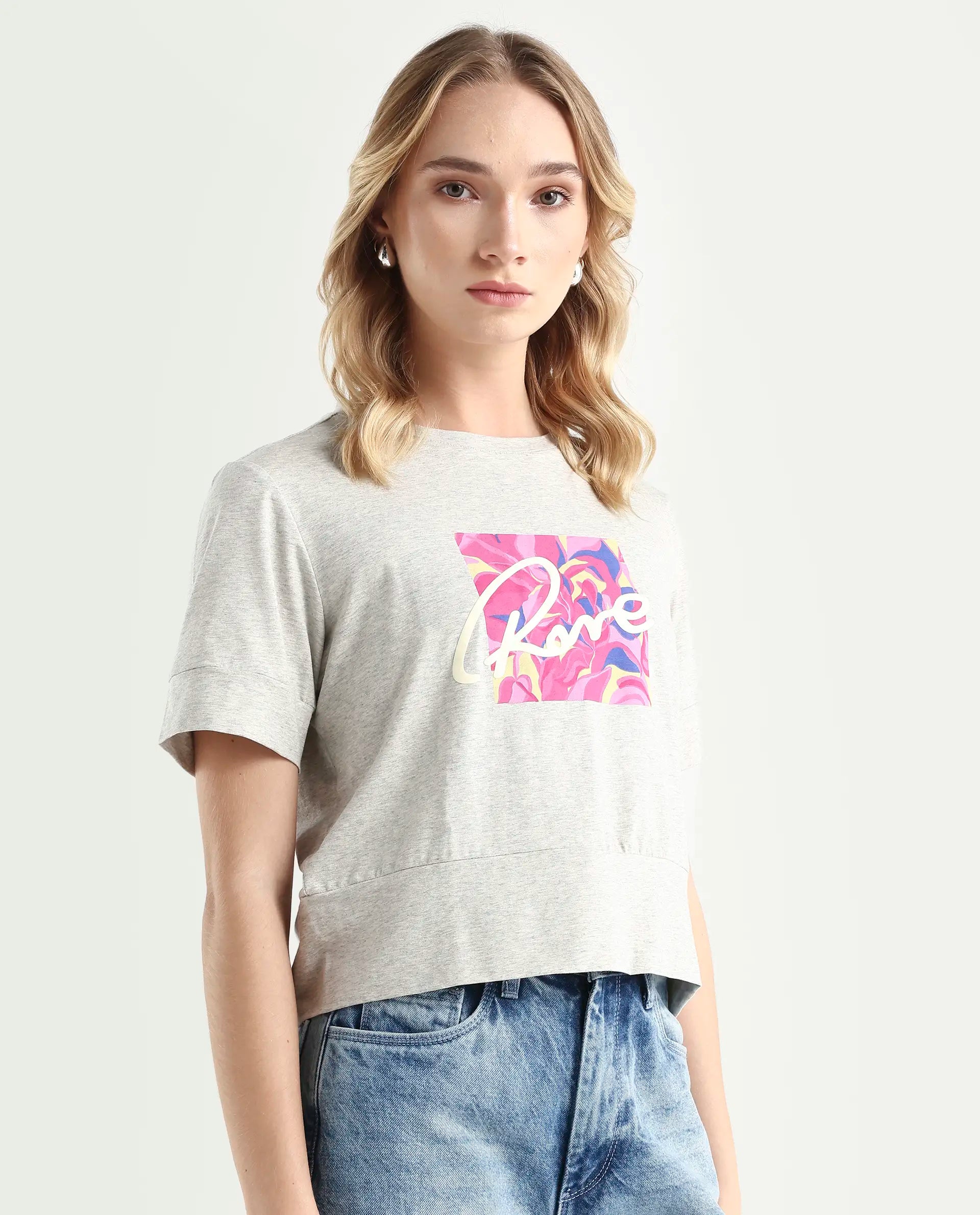 Rareism Women's Sandre Melange Grey Cotton Blend Crew Neck Graphic Print Regular Fit T-Shirt